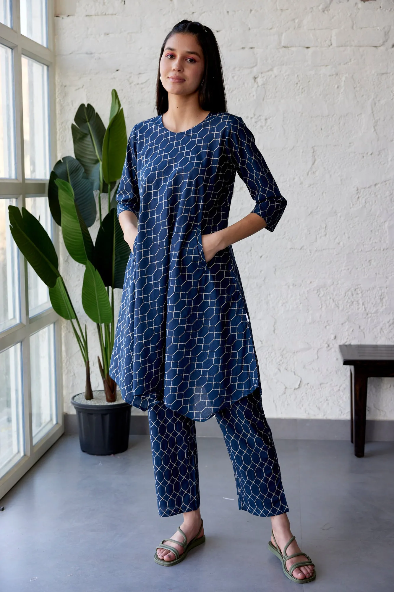 Geometrical Indigo Cotton Lounge Co-ord Set