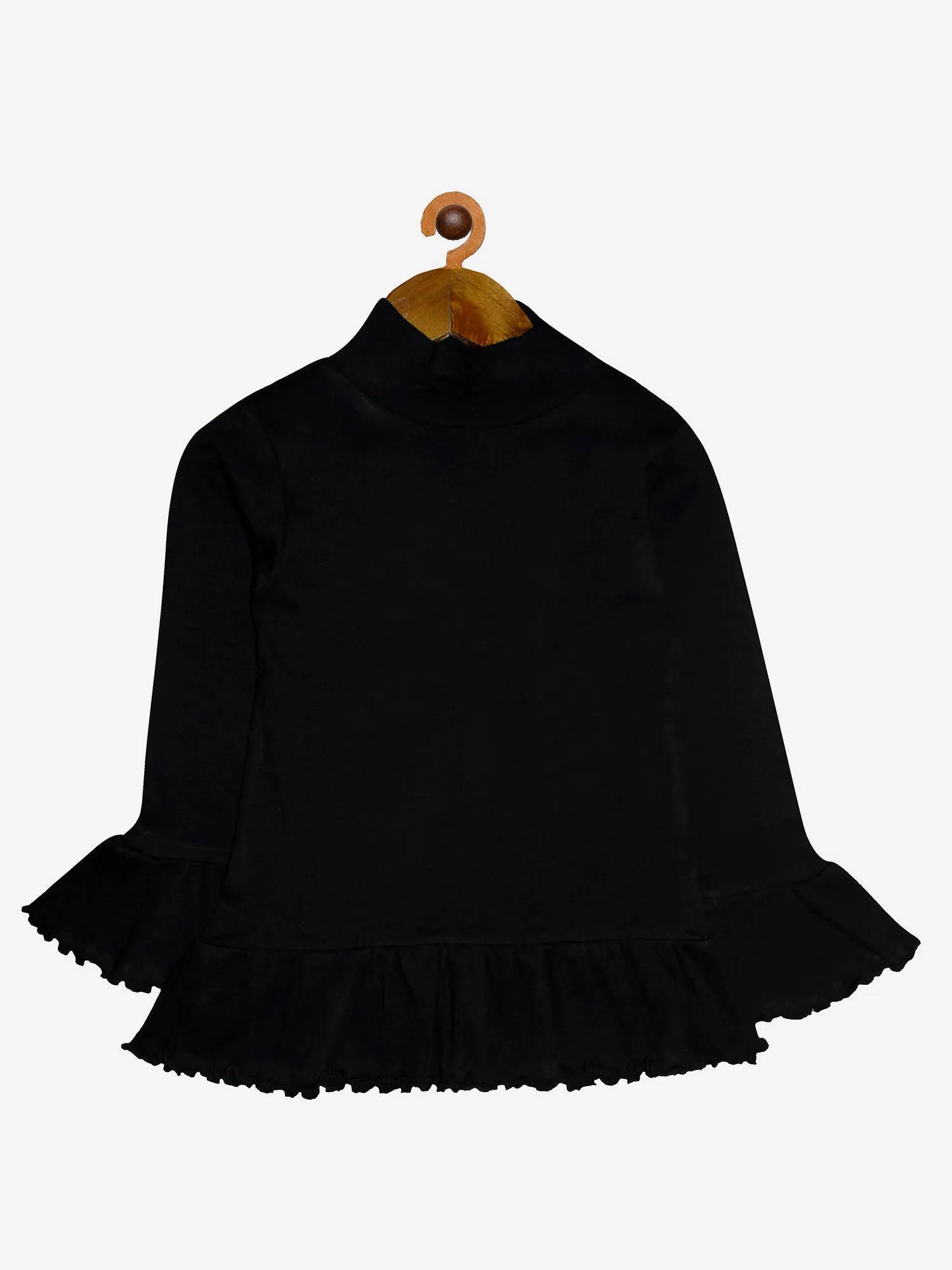 Girls Full Sleeve High Neck Rib Knit Tee With Frill Hem