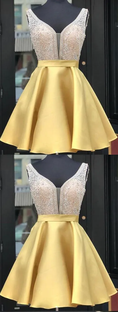 Gold Satin Backless Mini V-neck Beaded Homecoming Dresses | Short Party Dress, SH452