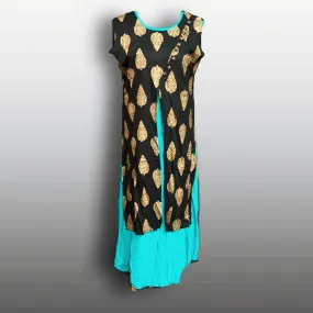 Gorgeous Turquoise Blue and Black Rayon Straight Two-Piece Kurthi