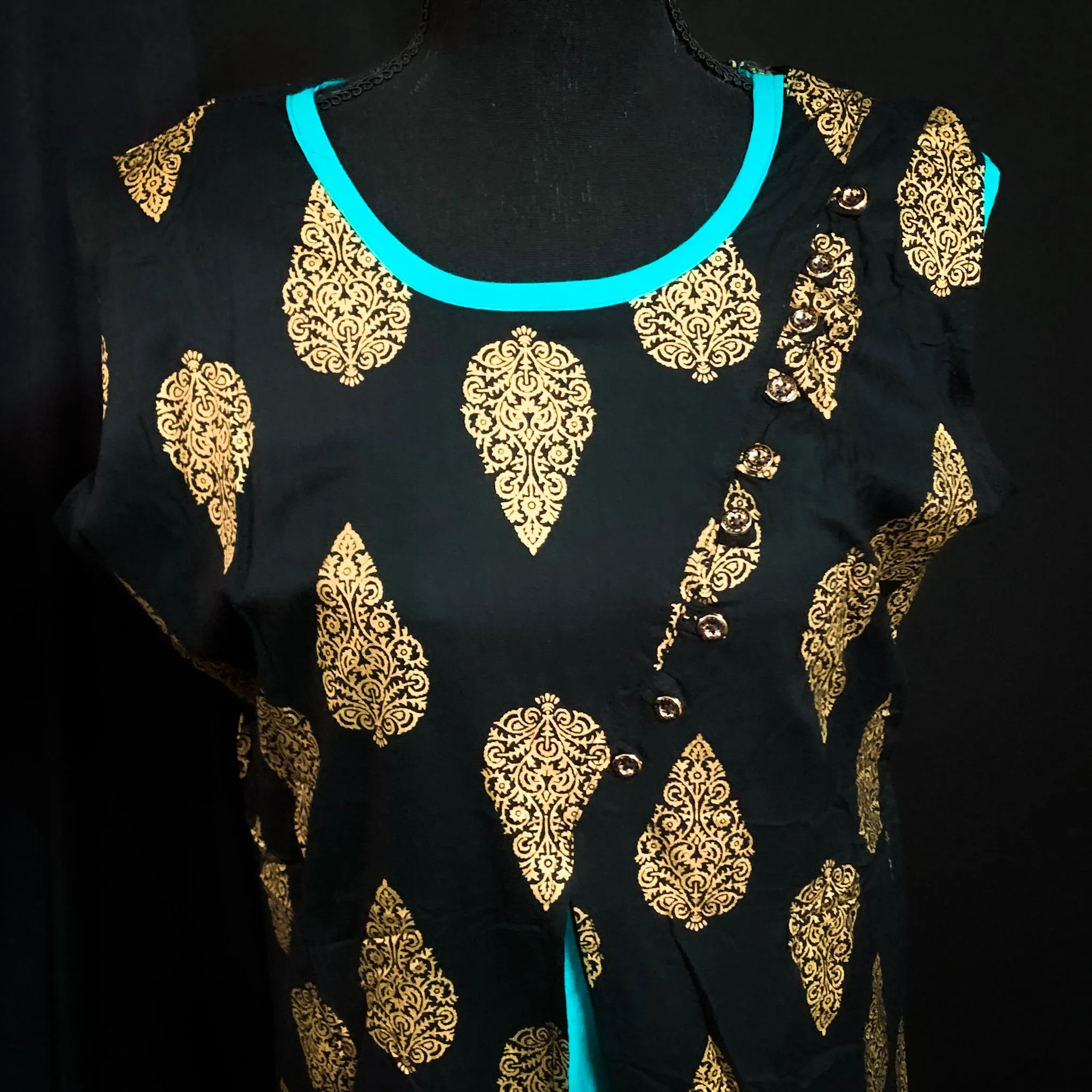 Gorgeous Turquoise Blue and Black Rayon Straight Two-Piece Kurthi