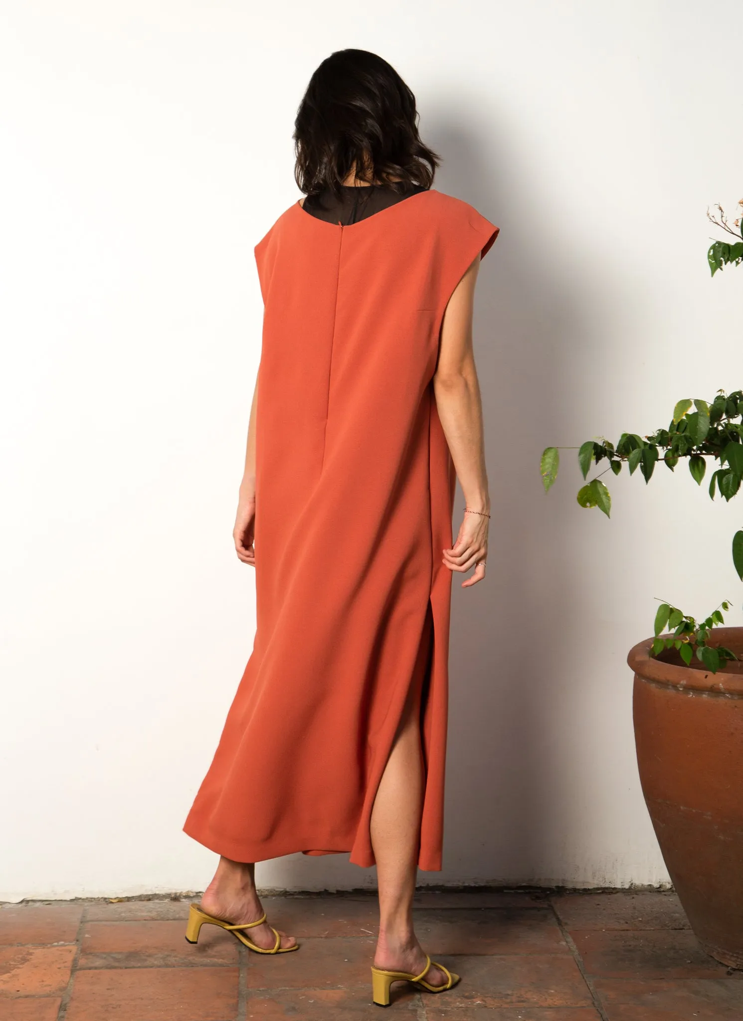 Gourd Cap Sleeve Long Pocket Jumpsuit in Coral / Size S