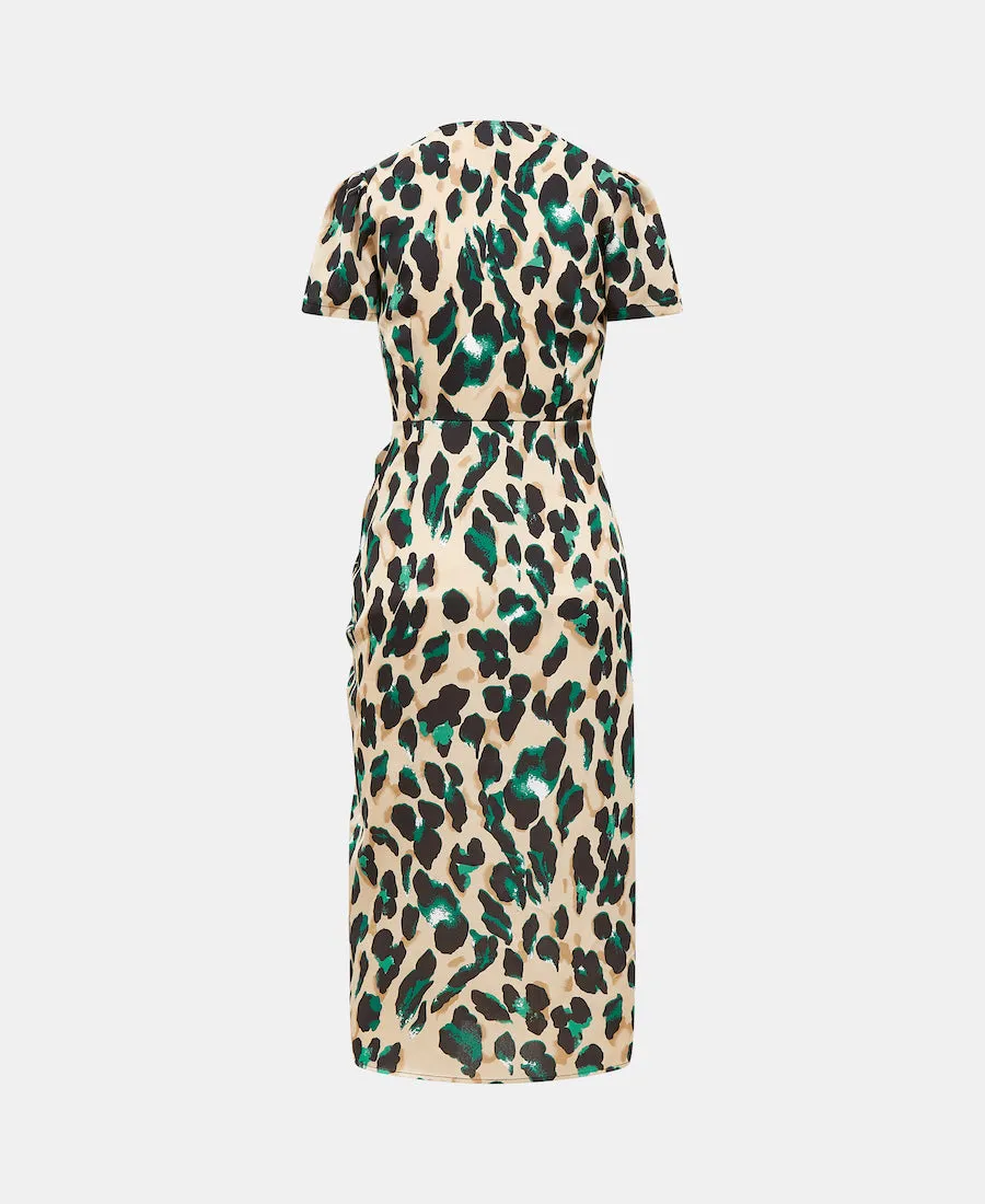 Green Animal Satin Wrap Midi Dress