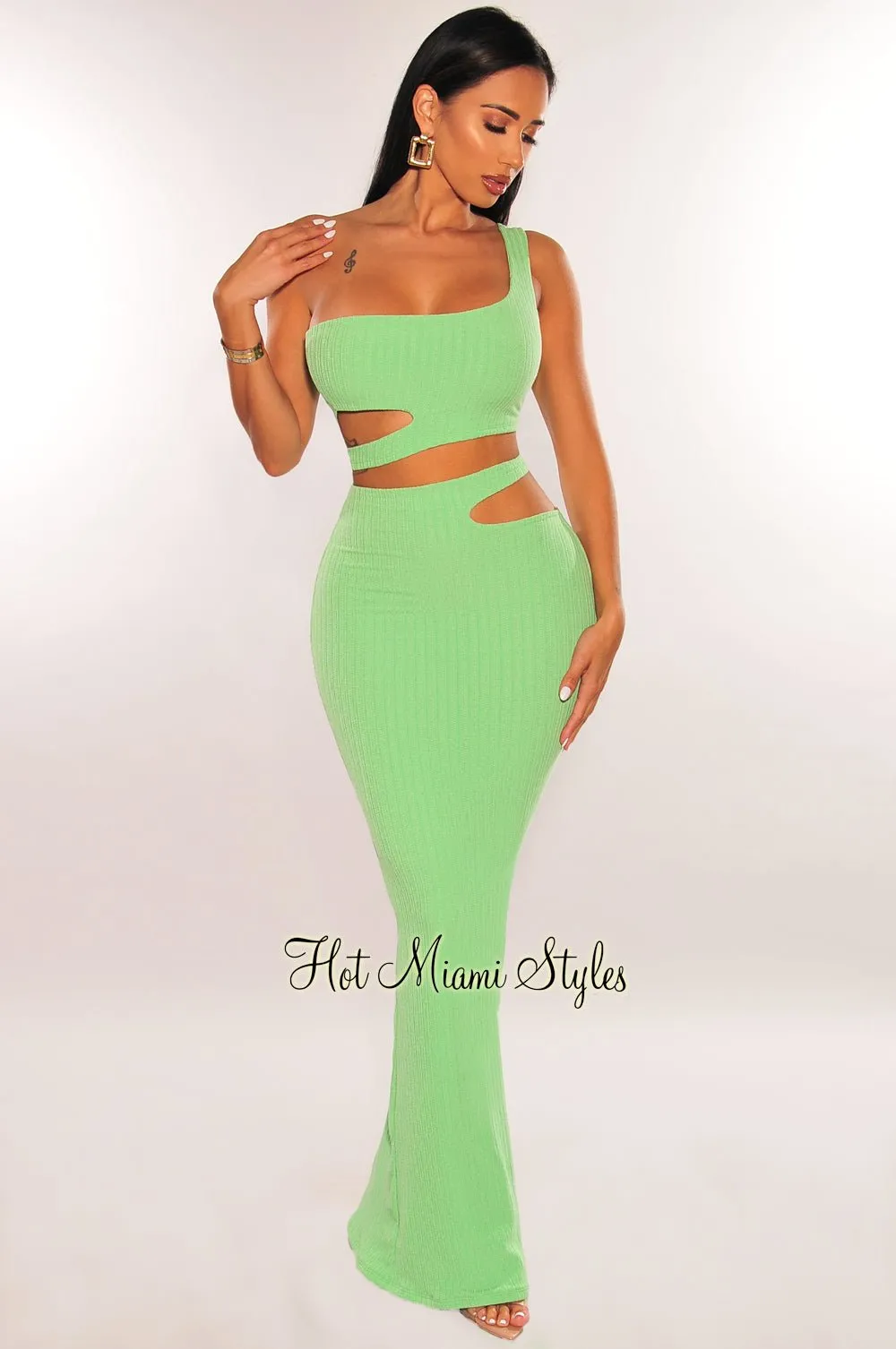 Green Ribbed One Shoulder Cut Out Maxi Skirt Two Piece Set