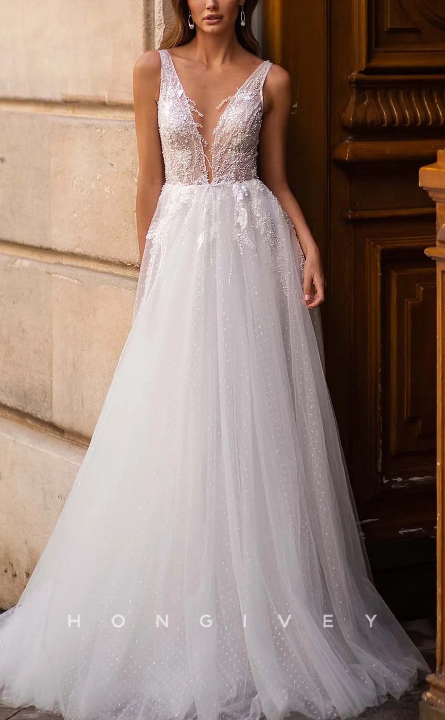 H0966 - Ornate Illusion Fully Beaded Lace Applique Tiered V-Neck With Train Long Wedding Dress