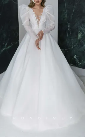 H1263 - Sexy Satin A-Line Scoop Long Sleeve Empire Appliques Beaded With Train Wedding Dress