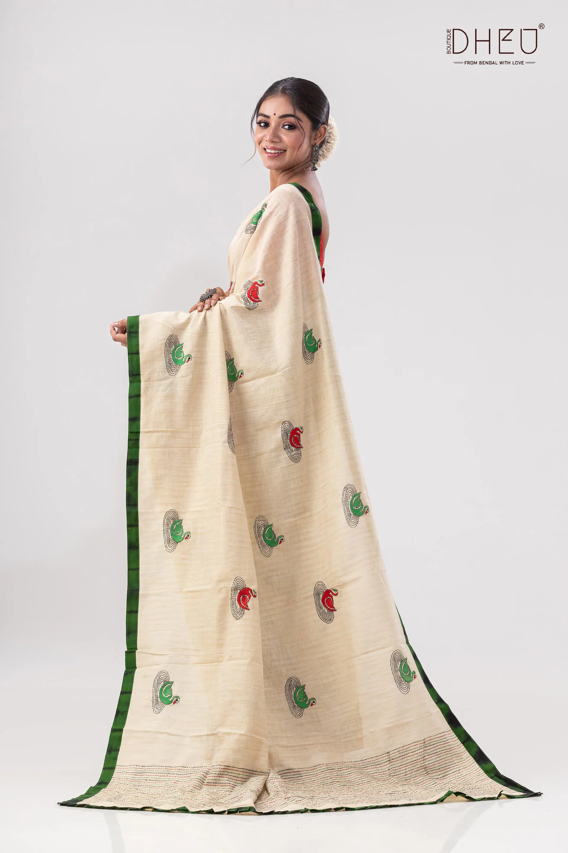 Hansjaru-Handcrafted Kantha Stitch Saree