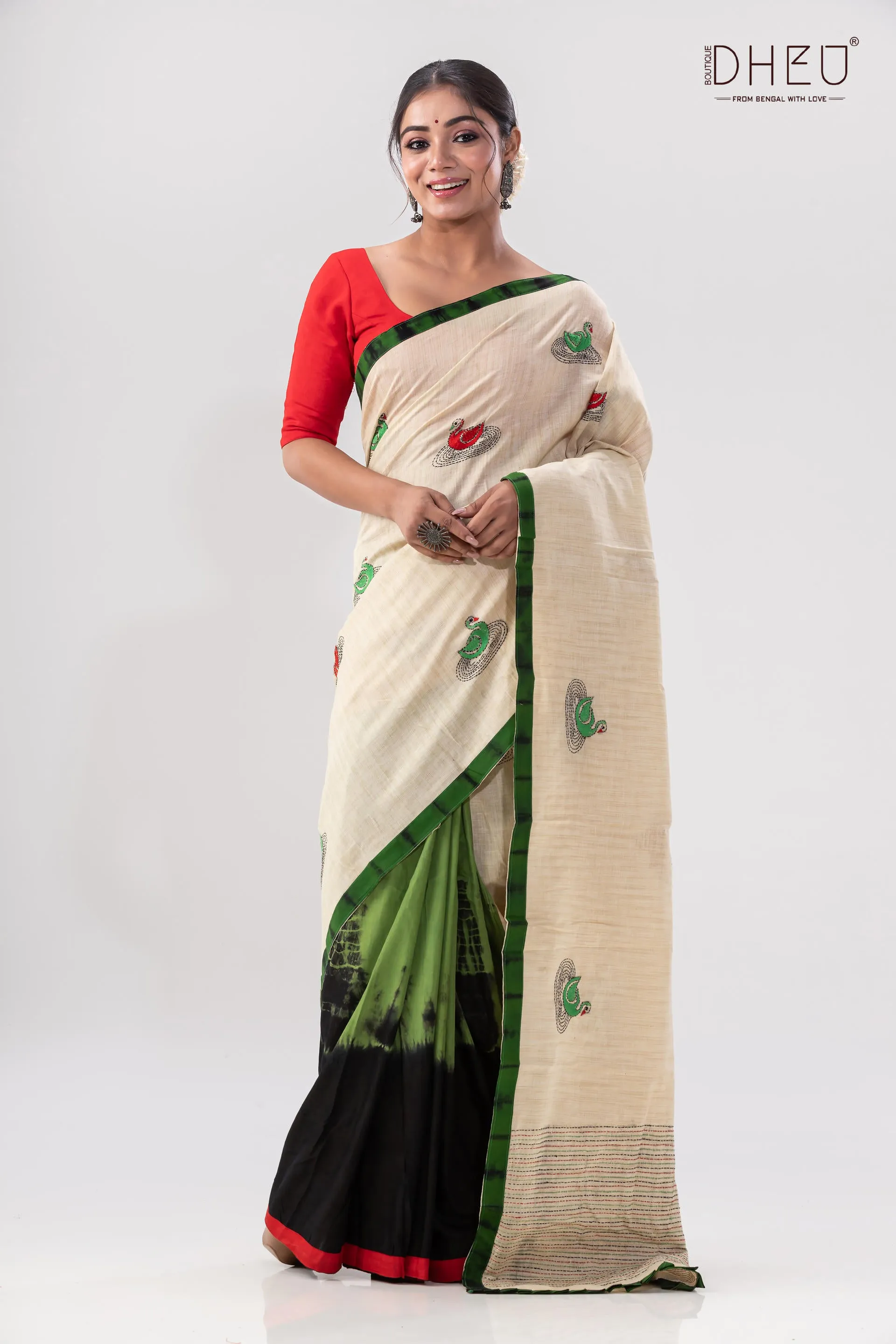 Hansjaru-Handcrafted Kantha Stitch Saree