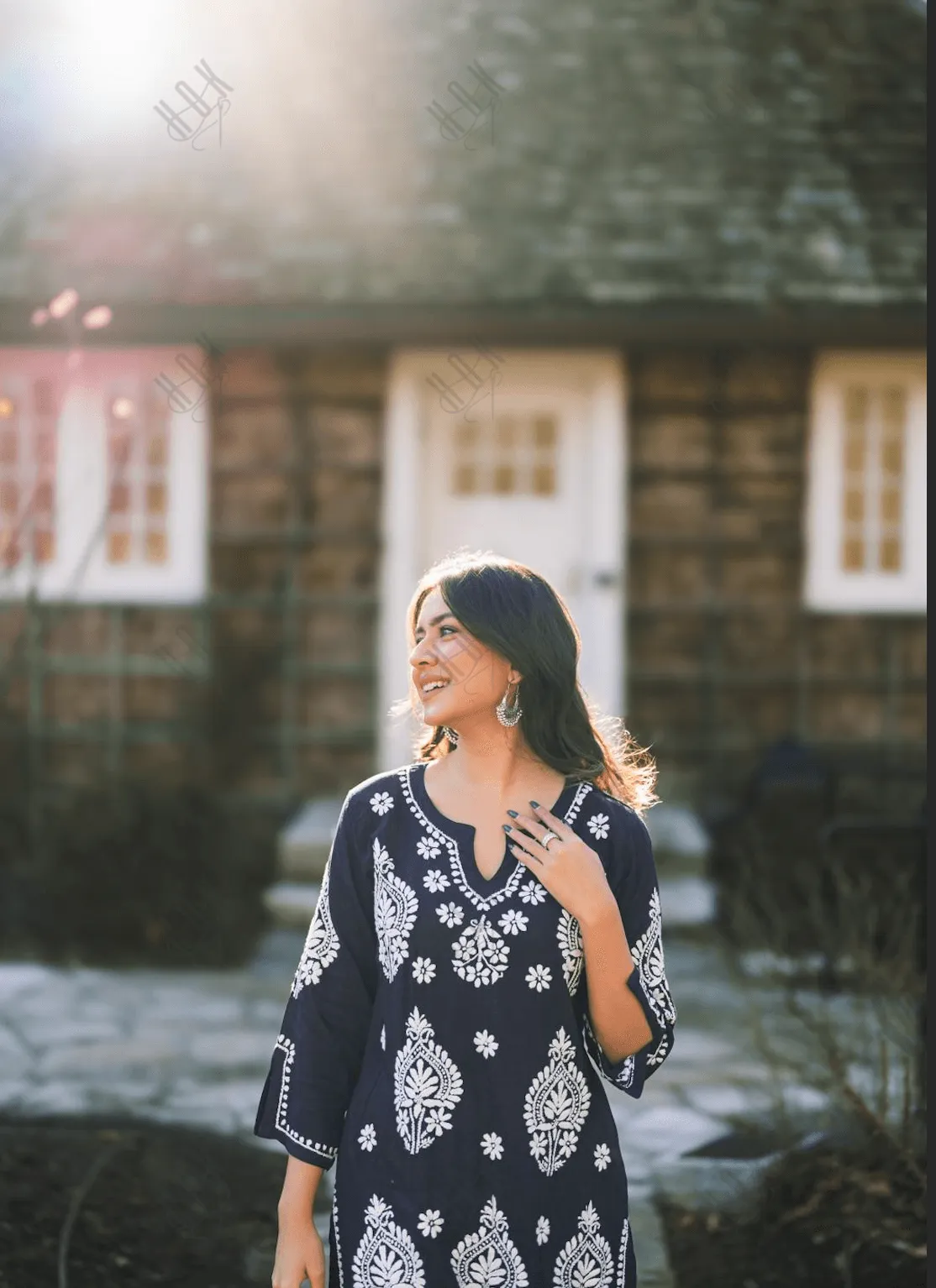 Himani in Fizaa Chikankari Kurta in Rayon Cotton Notch Neck Navy blue