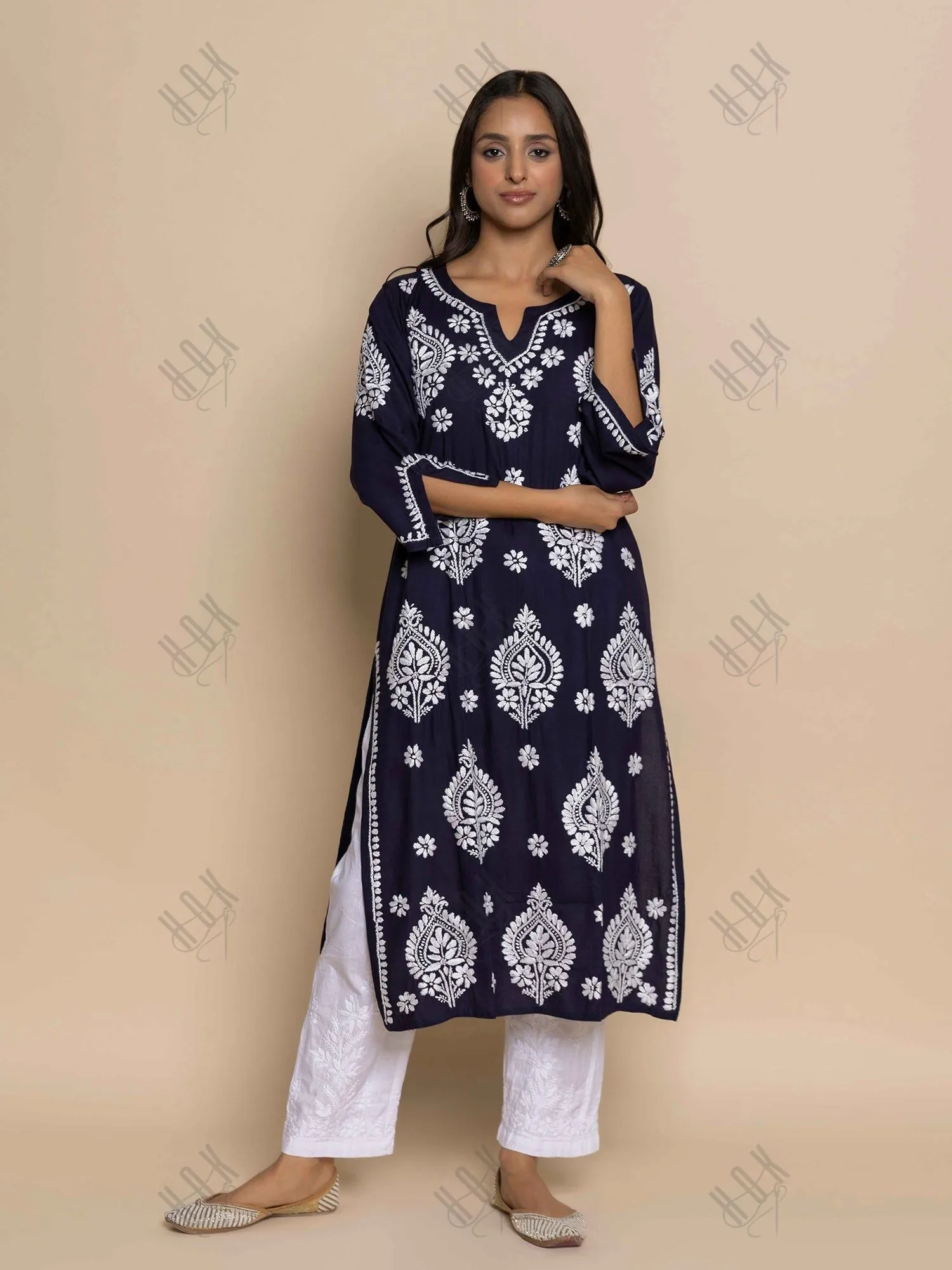 Himani in Fizaa Chikankari Kurta in Rayon Cotton Notch Neck Navy blue