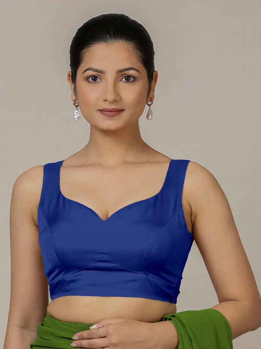 Ishika x Rozaana | Cobalt Blue Sleeveless FlexiFit™ Saree Blouse with Beetle Leaf Neckline and Back Cut-out with Tie-Up