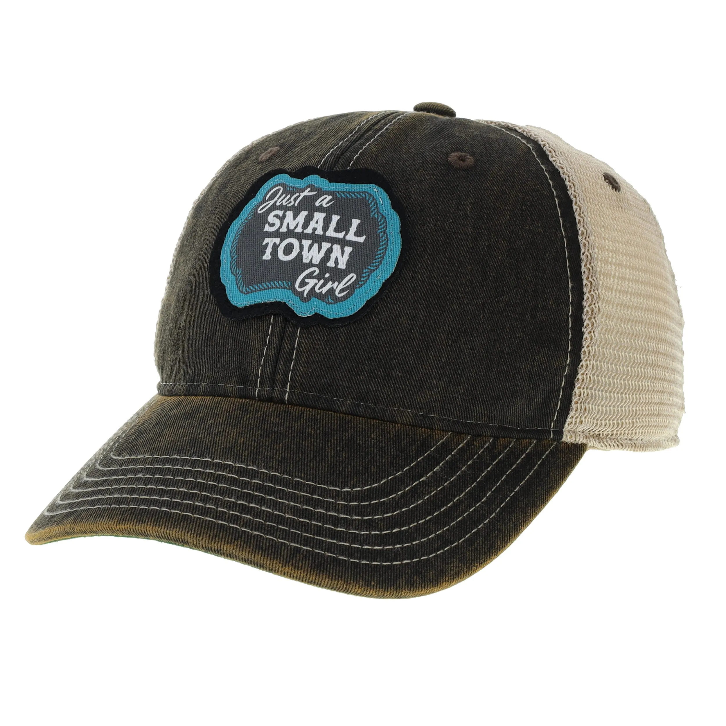 Just A Small Town Girl Distressed Trucker Cap, Black