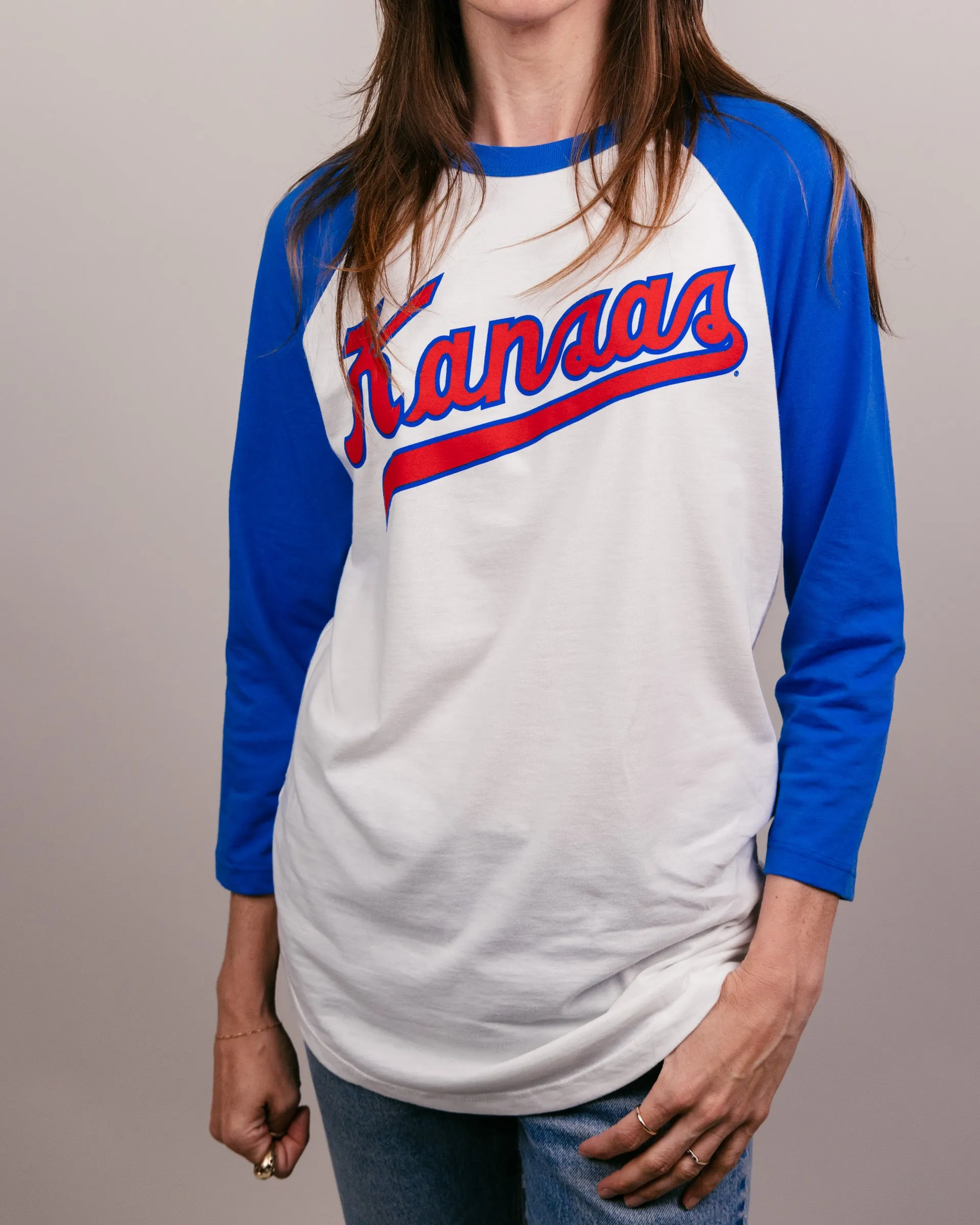 Kansas Baseball Script White & Royal Raglan