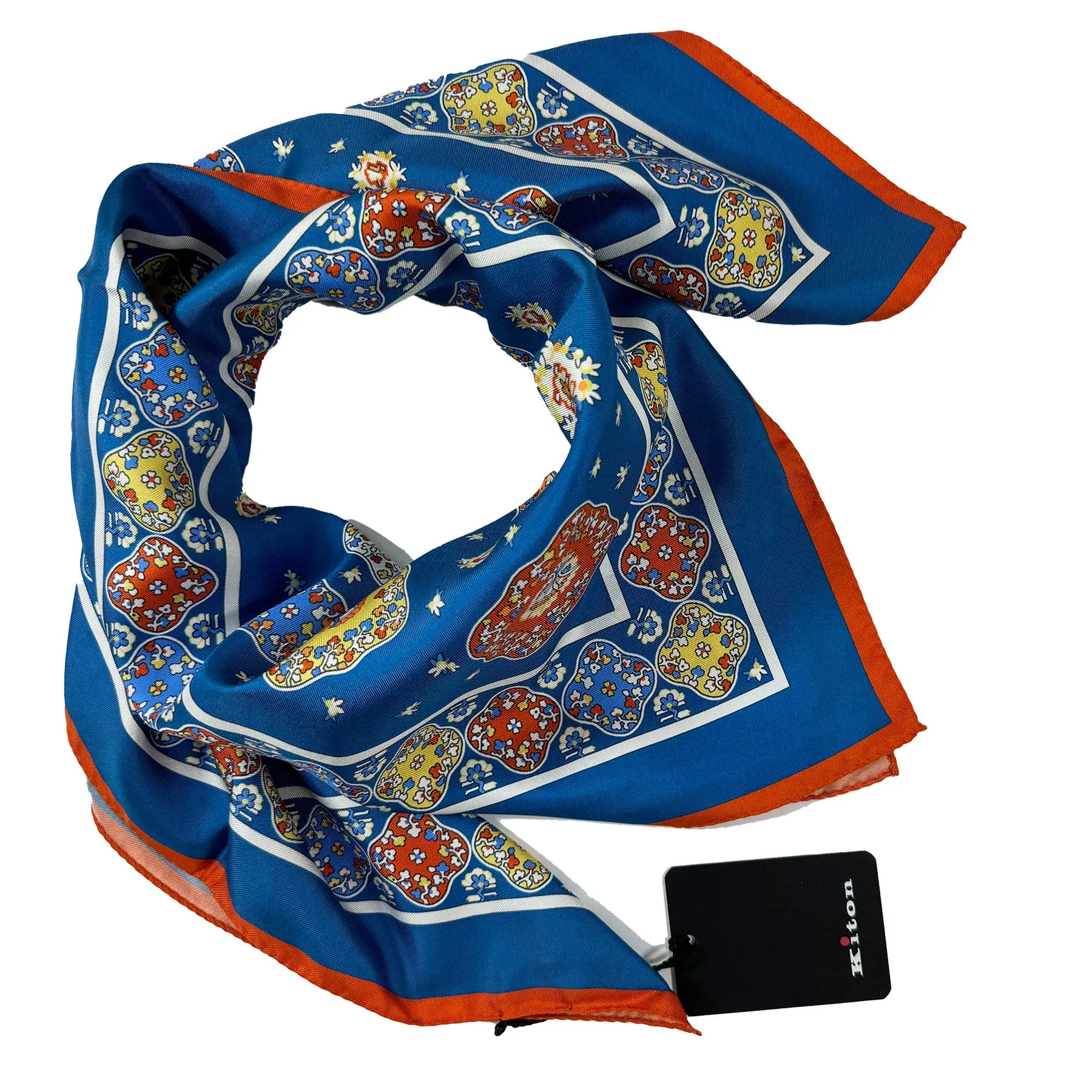 Kiton Women Scarf Dark Blue Orange Design - Twill Silk Square Foulard