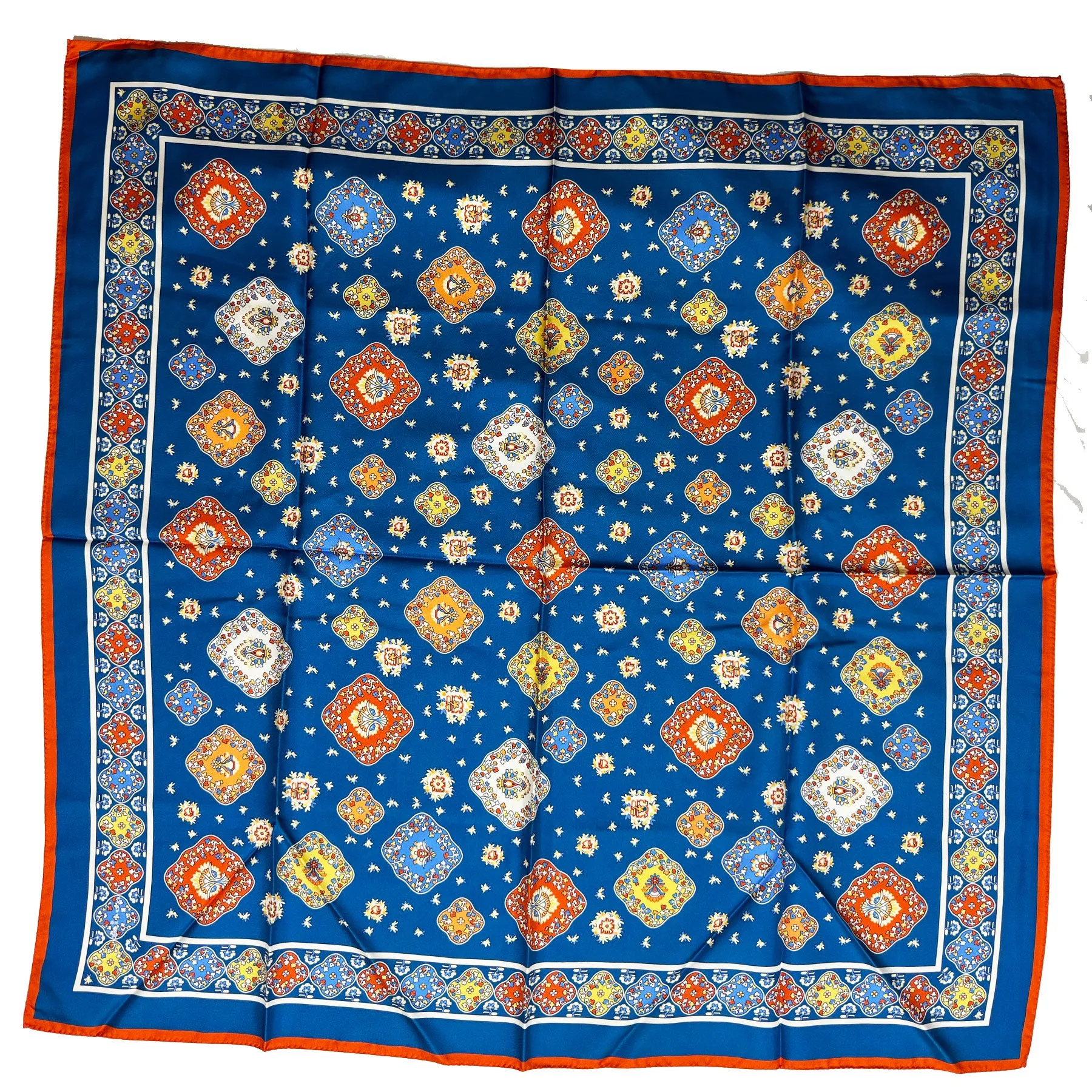 Kiton Women Scarf Dark Blue Orange Design - Twill Silk Square Foulard