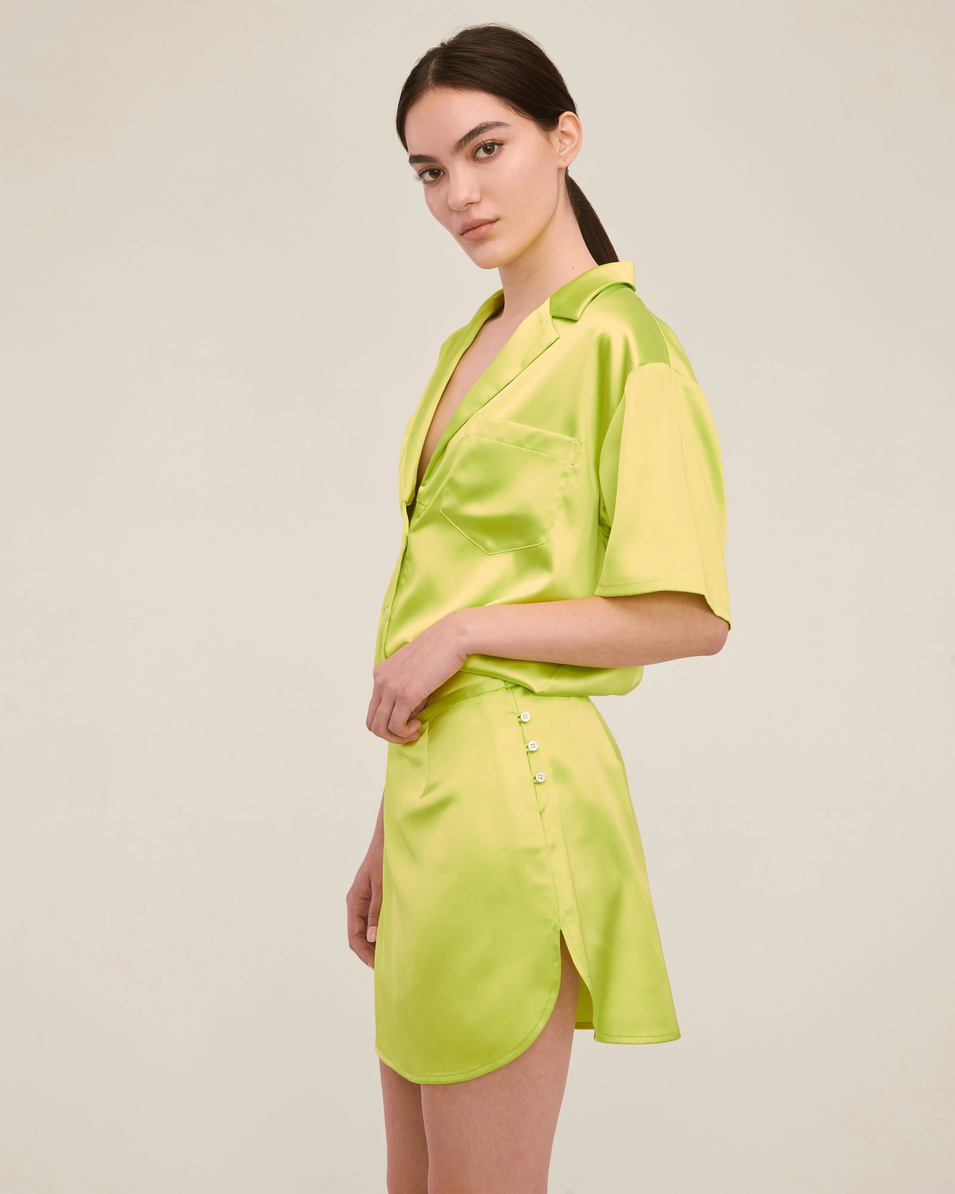 Kyle Satin Slip Mini Skirt in Neon Lime