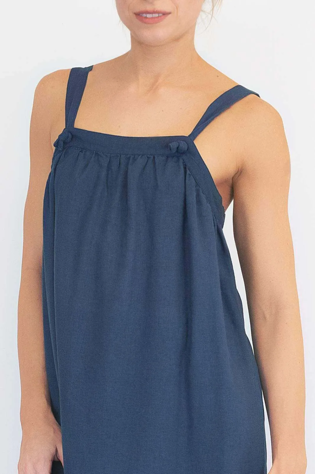 Lacey Blue Linen Blend Sleeveless Strap Summer Midi Dresses