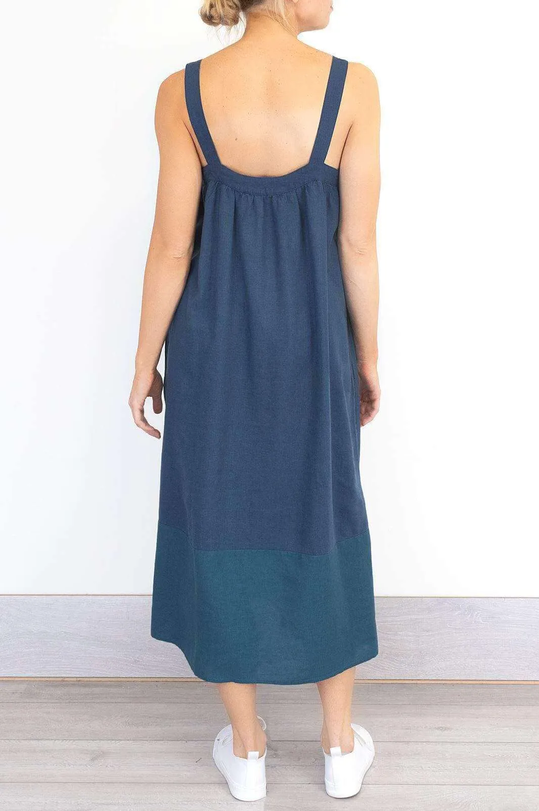 Lacey Blue Linen Blend Sleeveless Strap Summer Midi Dresses