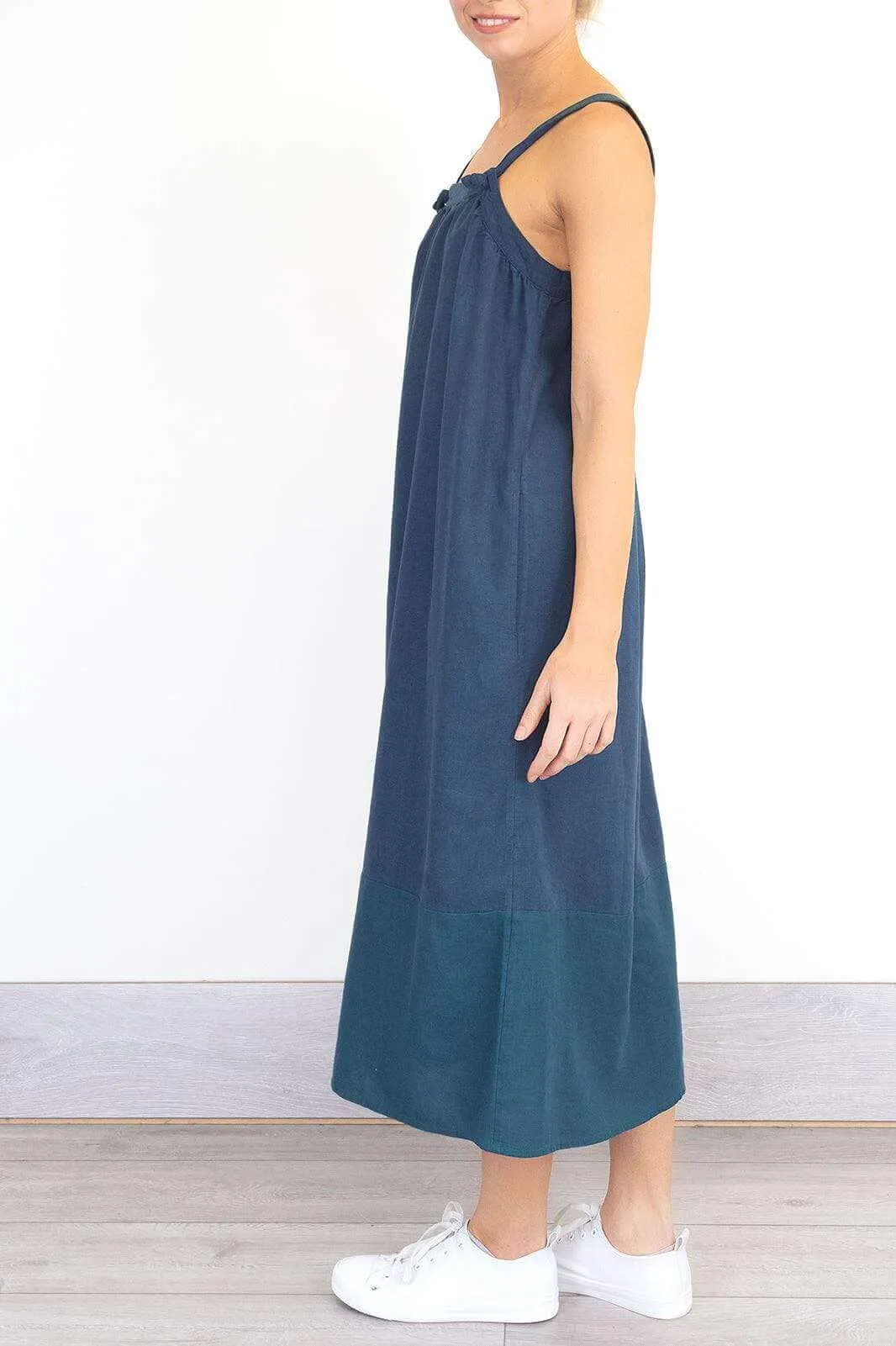 Lacey Blue Linen Blend Sleeveless Strap Summer Midi Dresses