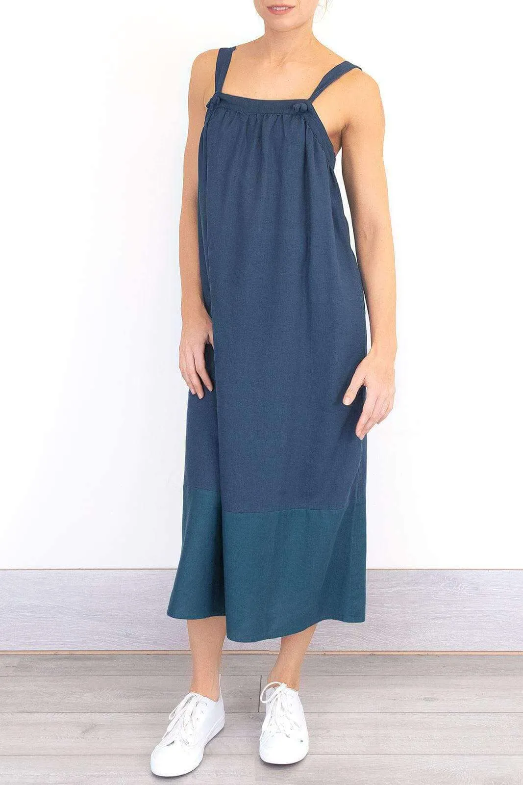 Lacey Blue Linen Blend Sleeveless Strap Summer Midi Dresses