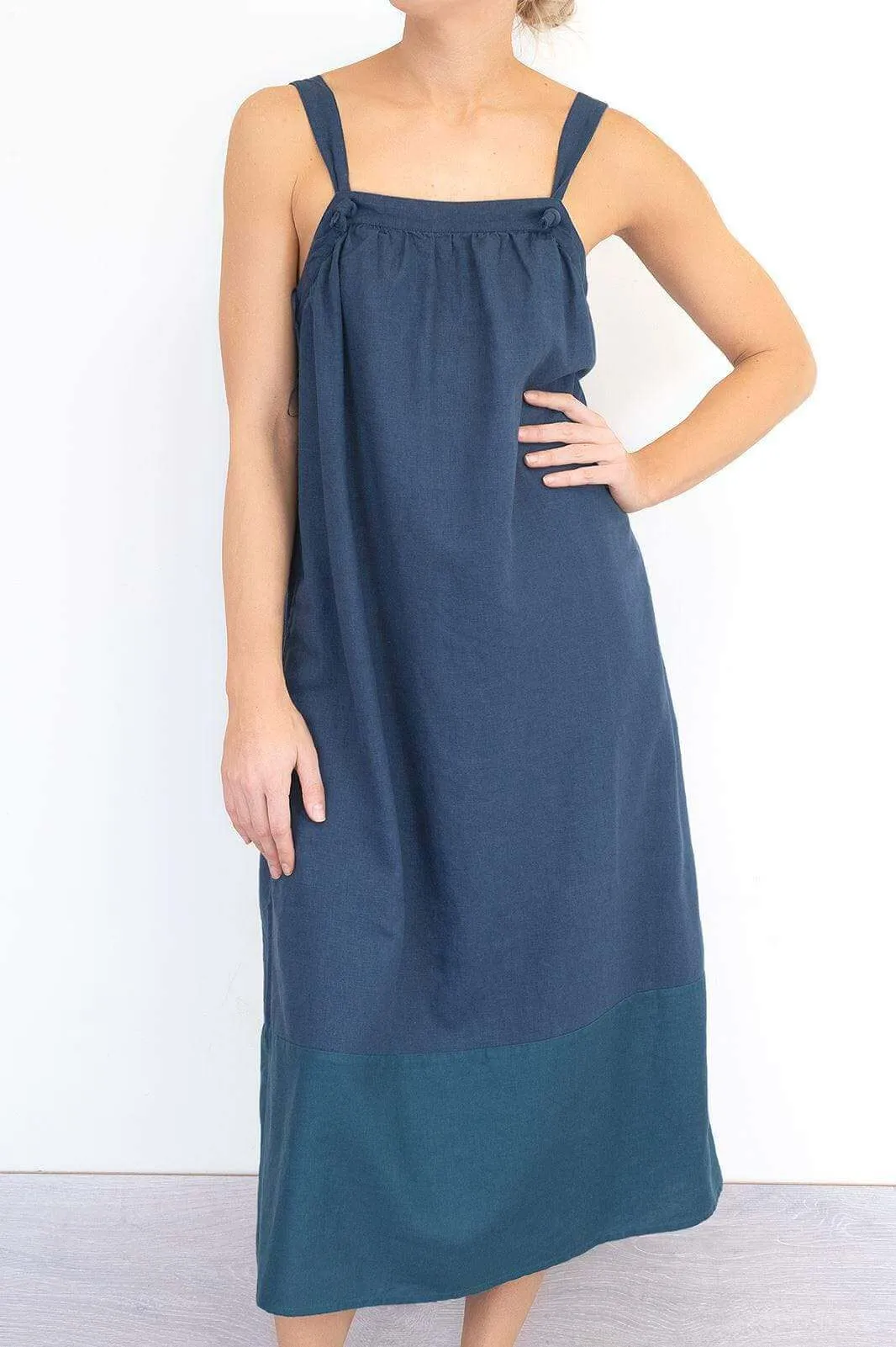 Lacey Blue Linen Blend Sleeveless Strap Summer Midi Dresses