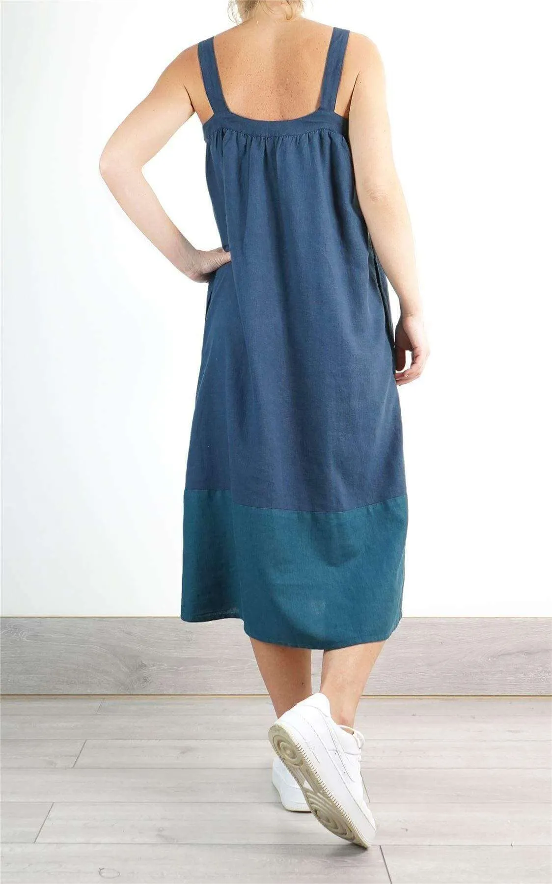 Lacey Blue Linen Blend Sleeveless Strap Summer Midi Dresses