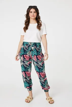 Leaf Print Harem Pants with Pockets