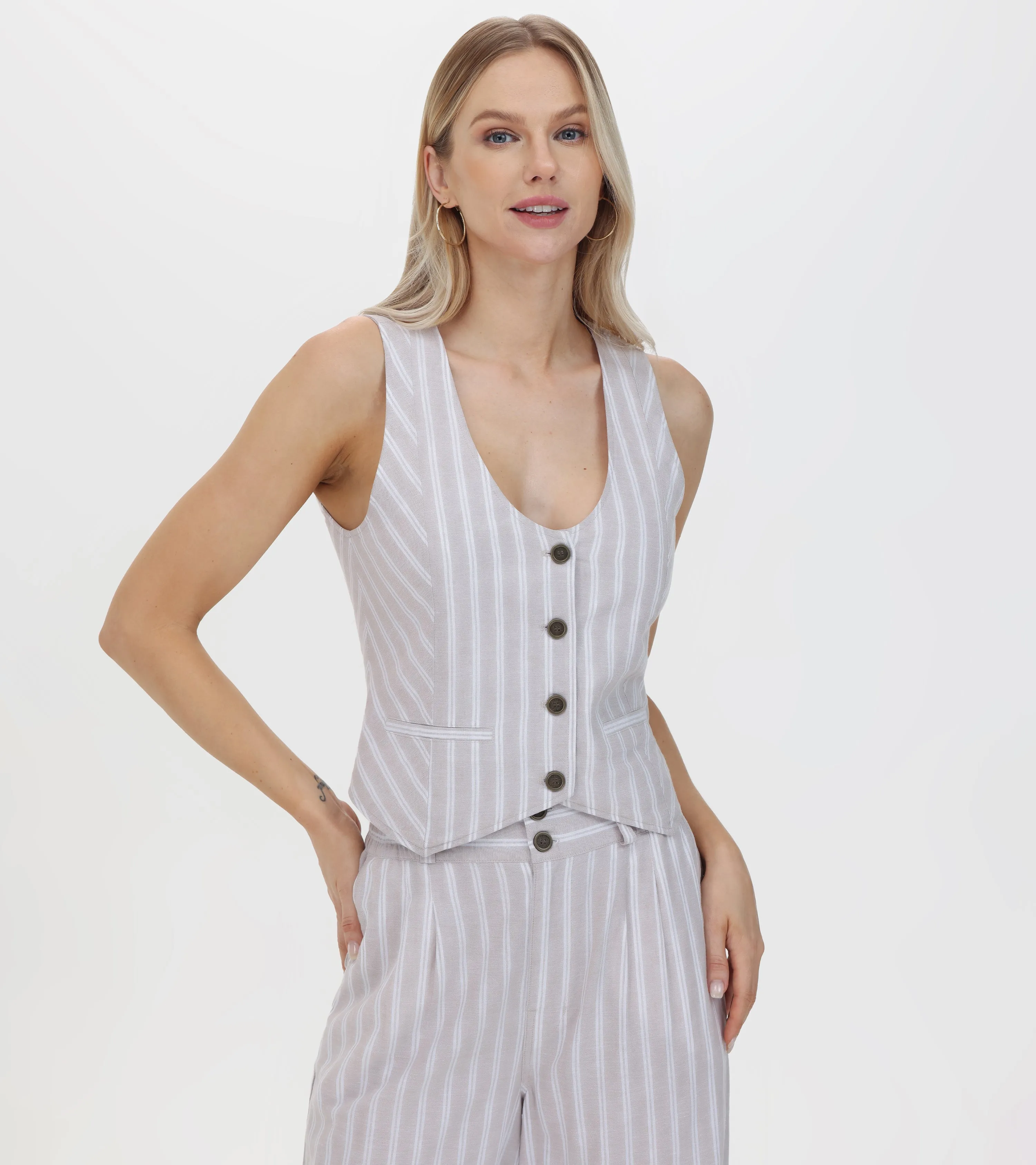 Linen Striped Button Vest