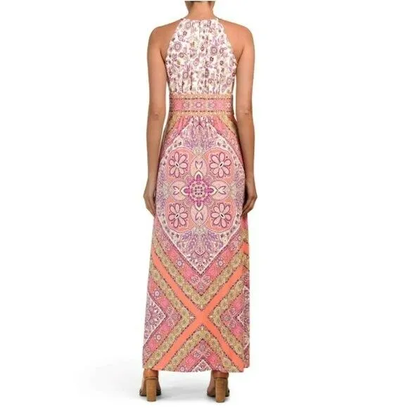 London Times Women's Halter Neck Printed Maxi Dress