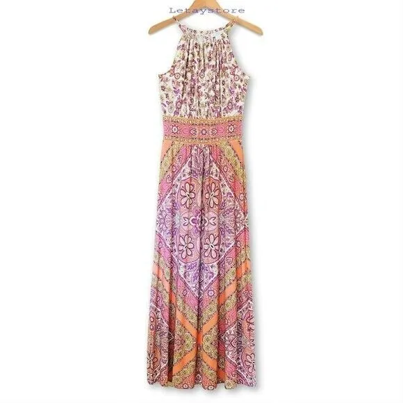 London Times Women's Halter Neck Printed Maxi Dress