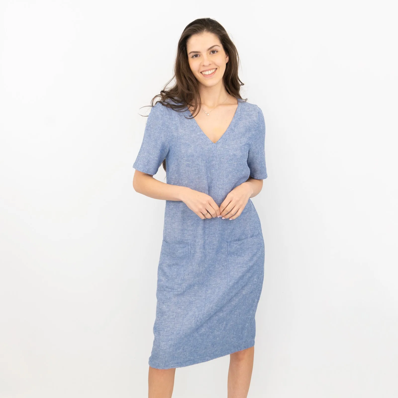 M&S Linen Blend Blue Chambray Short Sleeve Casual Shift Dresses