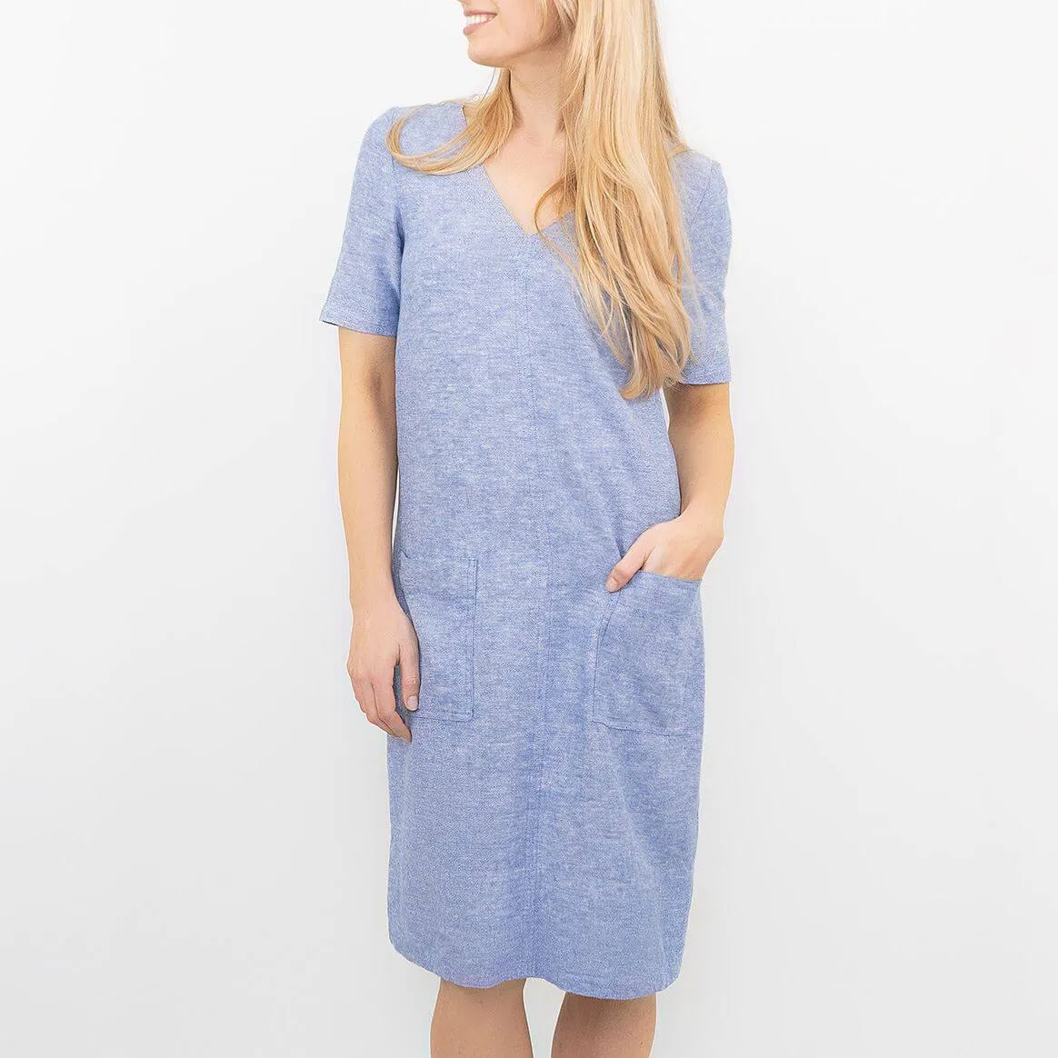 M&S Linen Blend Blue Chambray Short Sleeve Casual Shift Dresses