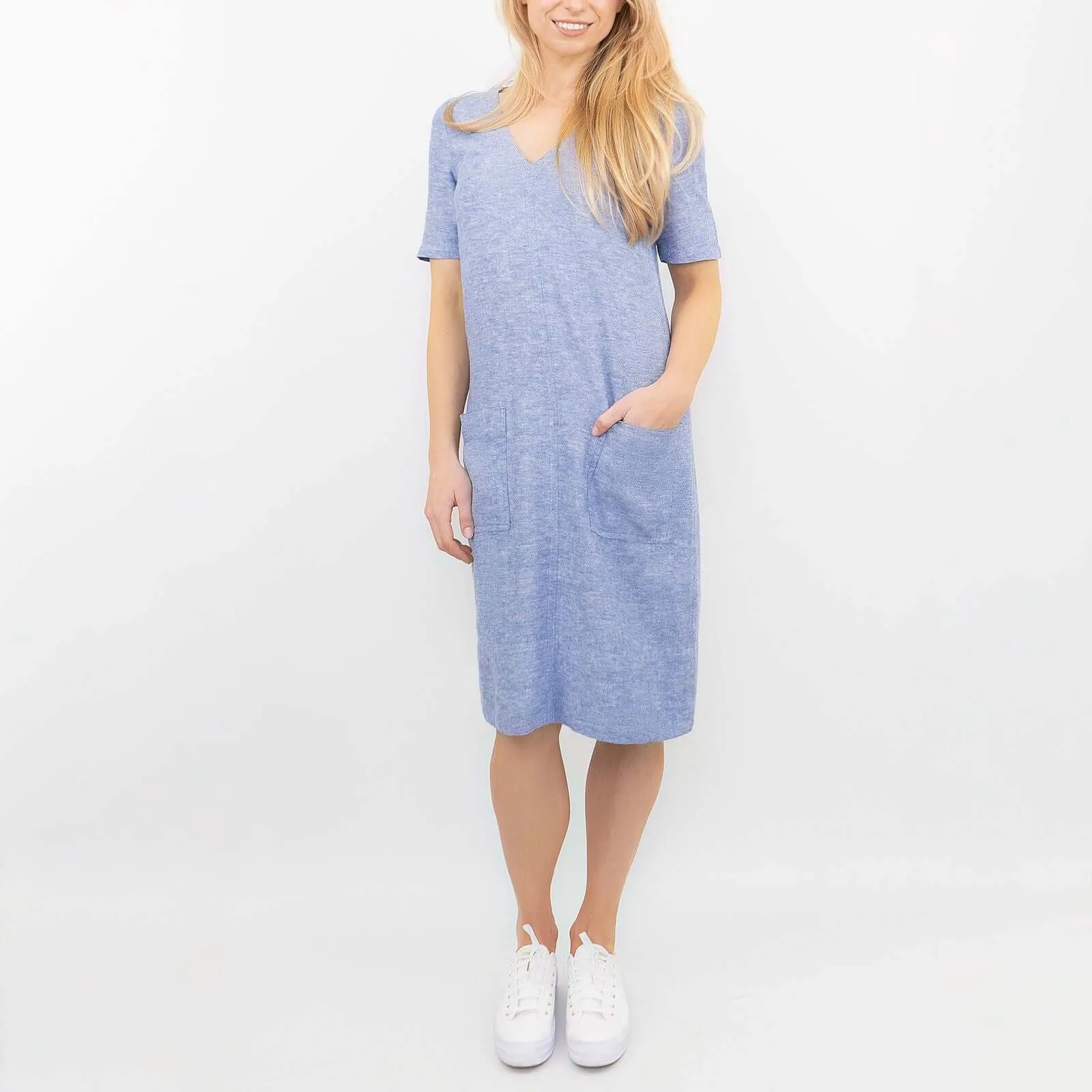 M&S Linen Blend Blue Chambray Short Sleeve Casual Shift Dresses