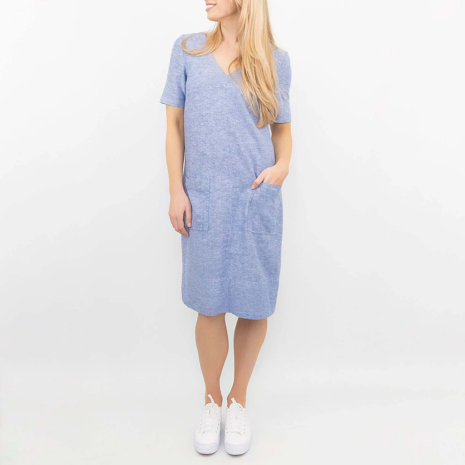 M&S Linen Blend Blue Chambray Short Sleeve Casual Shift Dresses