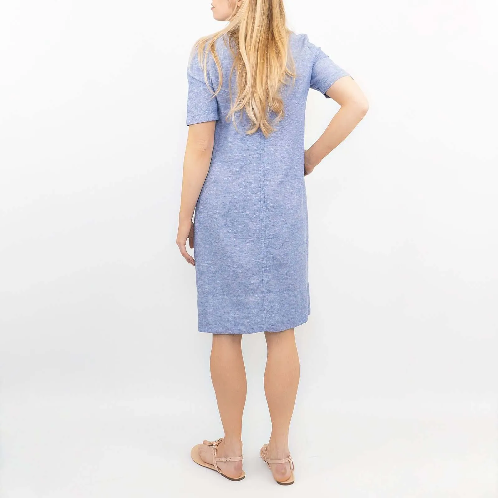 M&S Linen Blend Blue Chambray Short Sleeve Casual Shift Dresses