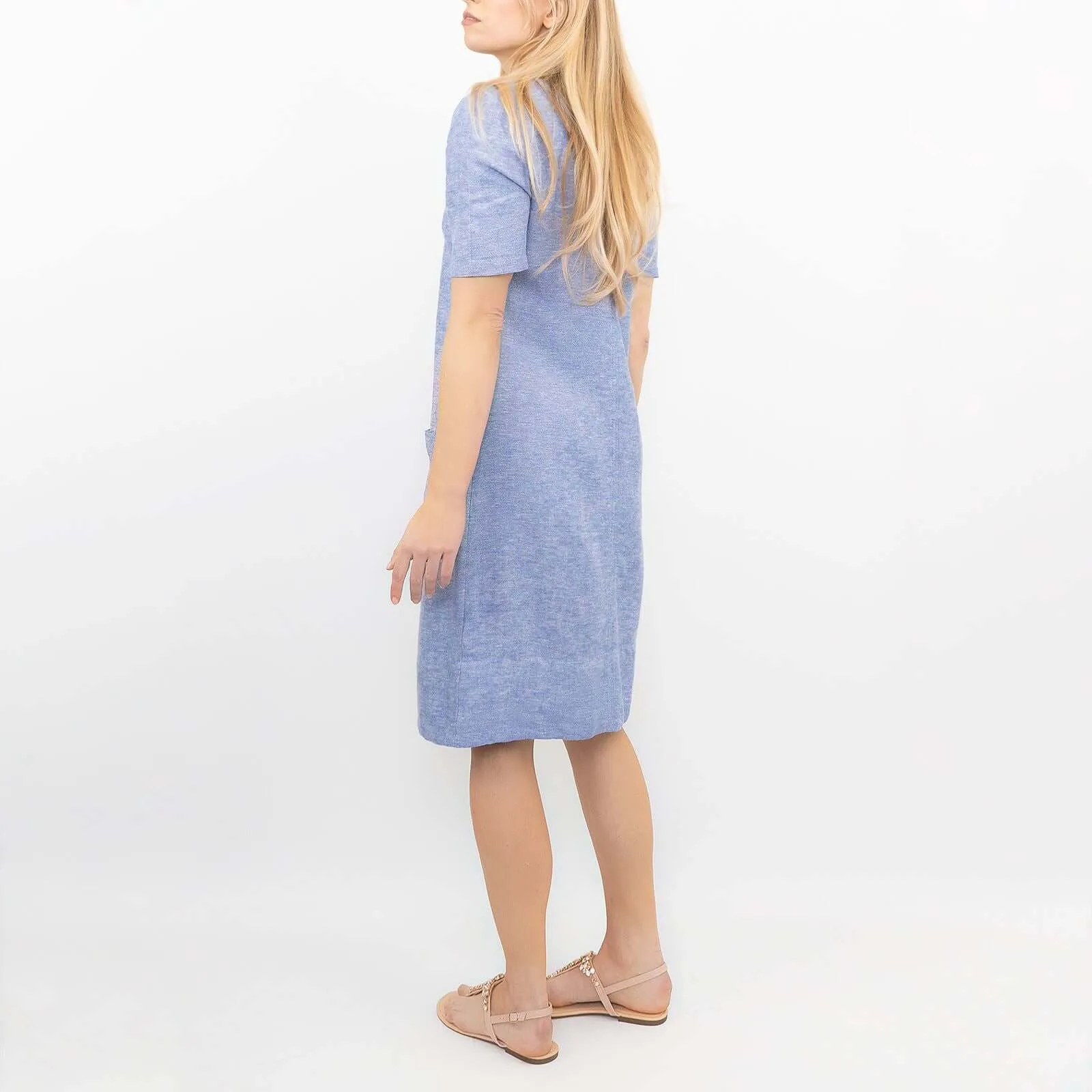 M&S Linen Blend Blue Chambray Short Sleeve Casual Shift Dresses