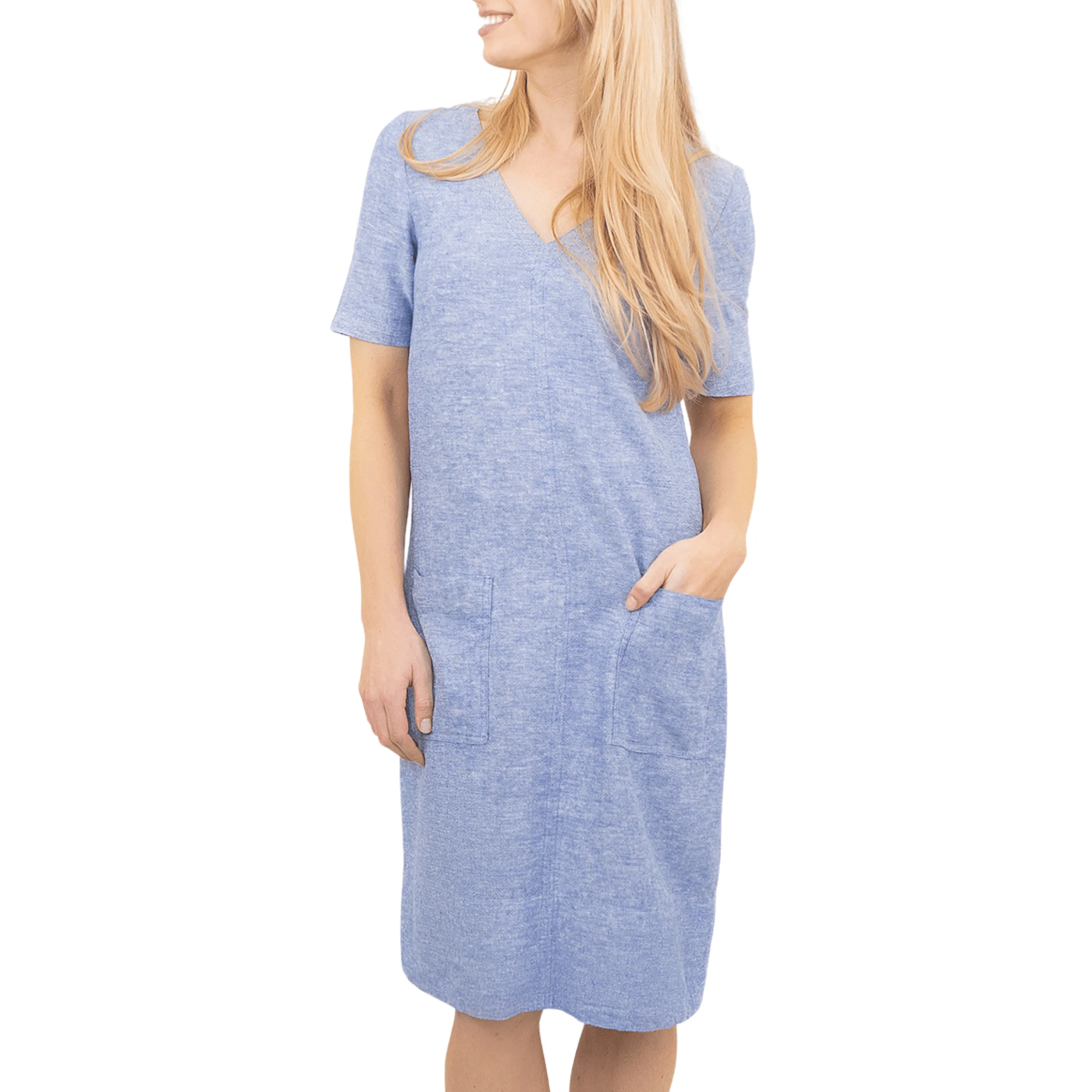 M&S Linen Blend Blue Chambray Short Sleeve Casual Shift Dresses