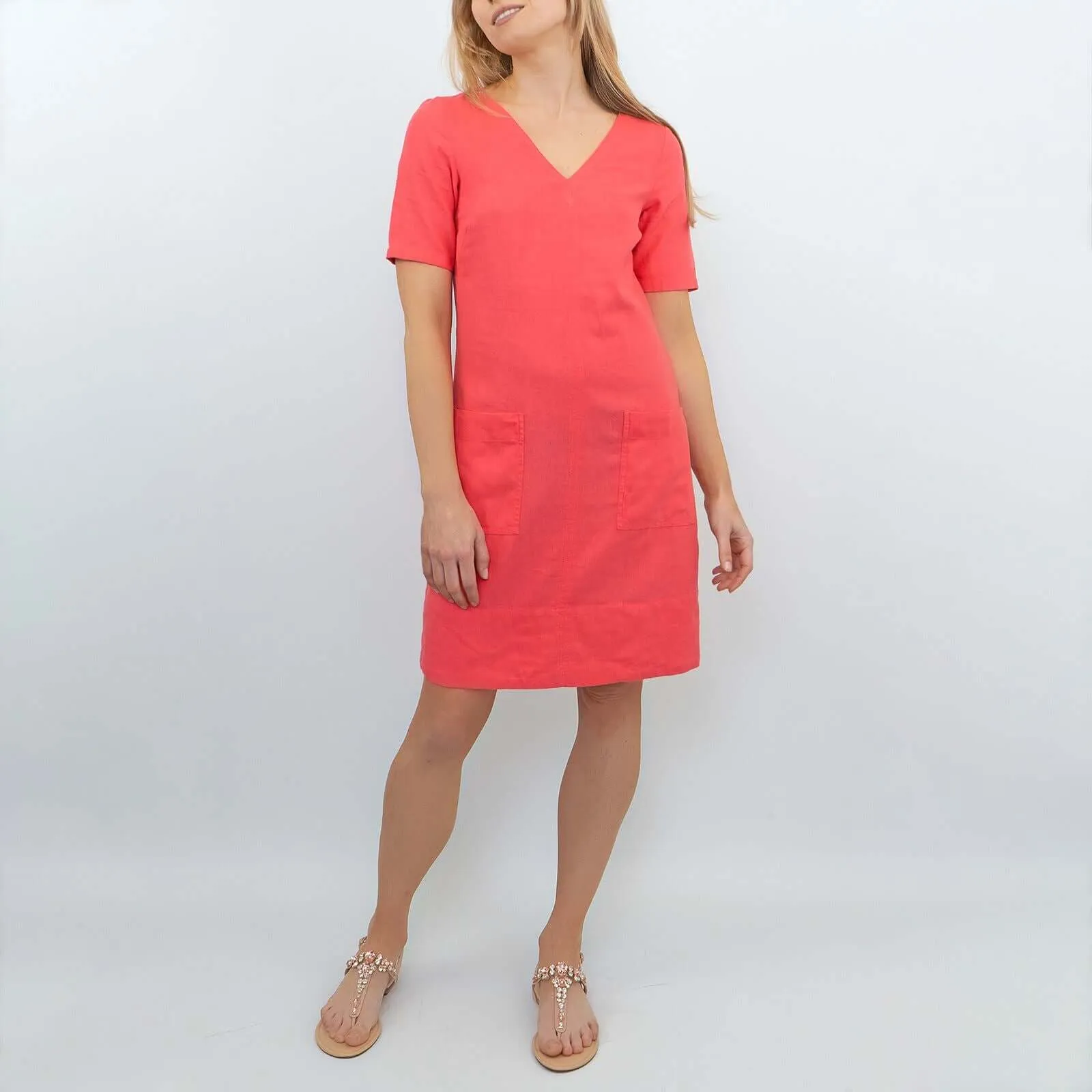 M&S Linen Blend Coral Red Short Sleeve Shift Dress