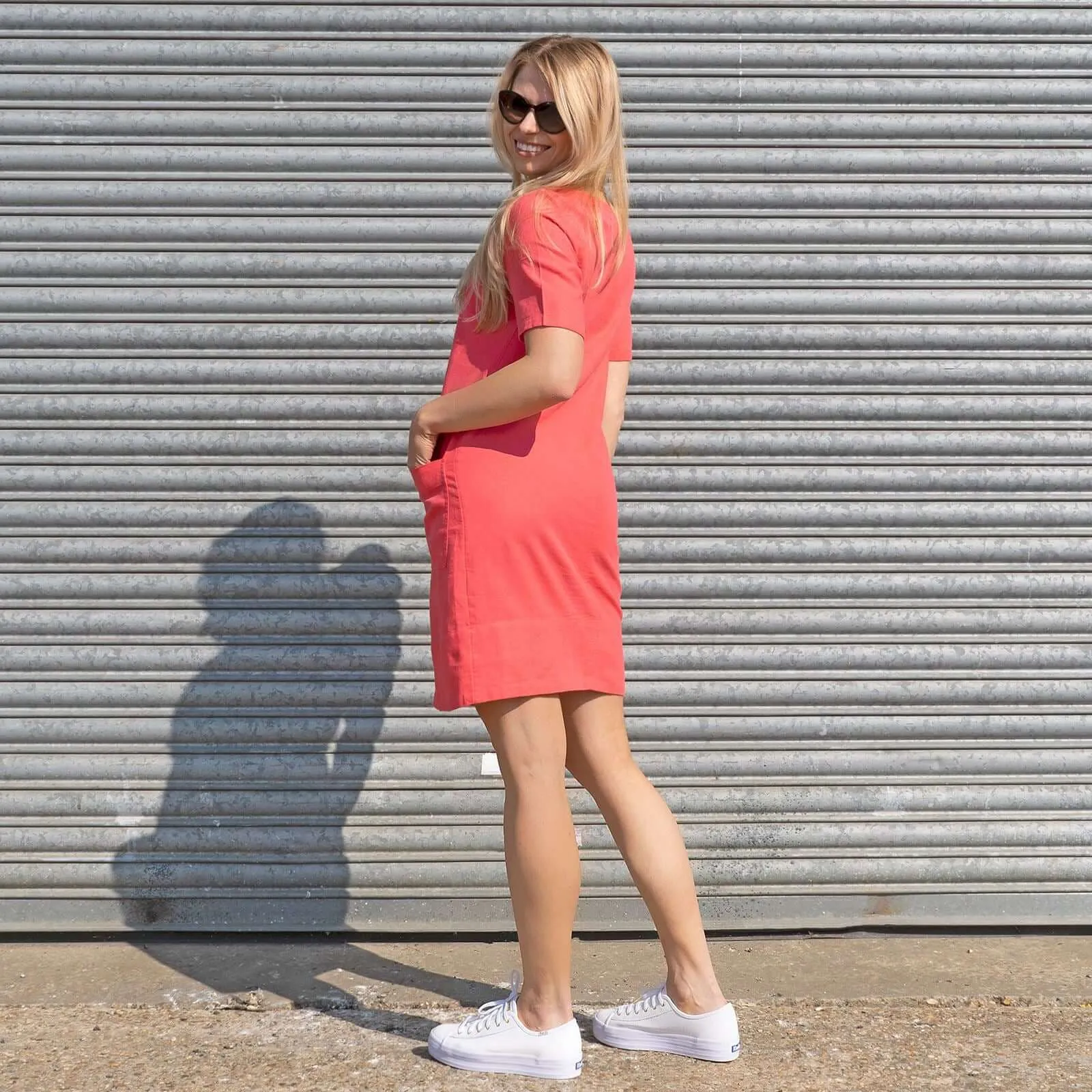 M&S Linen Blend Coral Red Short Sleeve Shift Dress