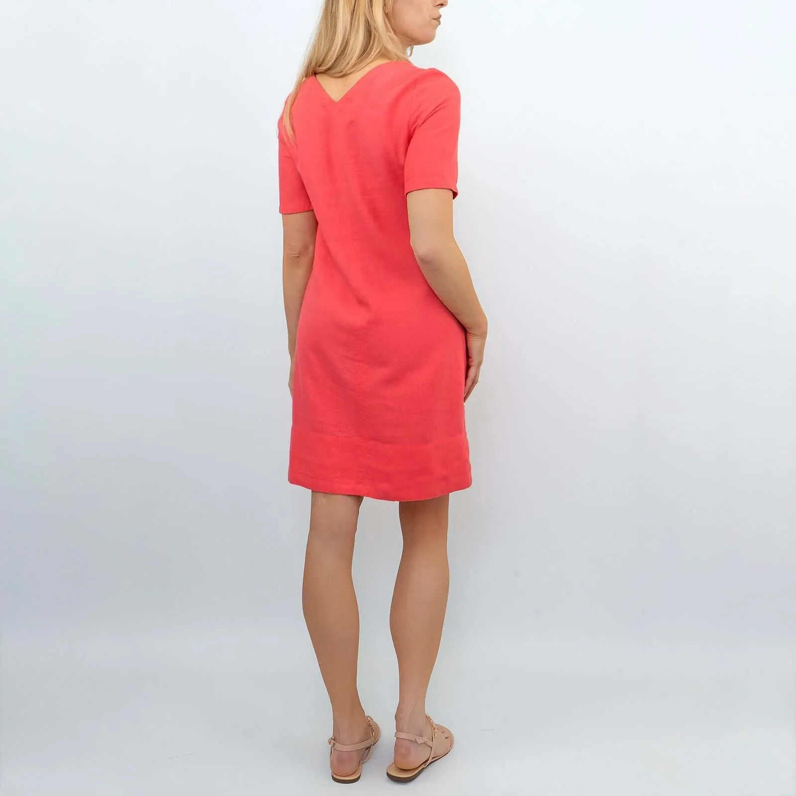 M&S Linen Blend Coral Red Short Sleeve Shift Dress