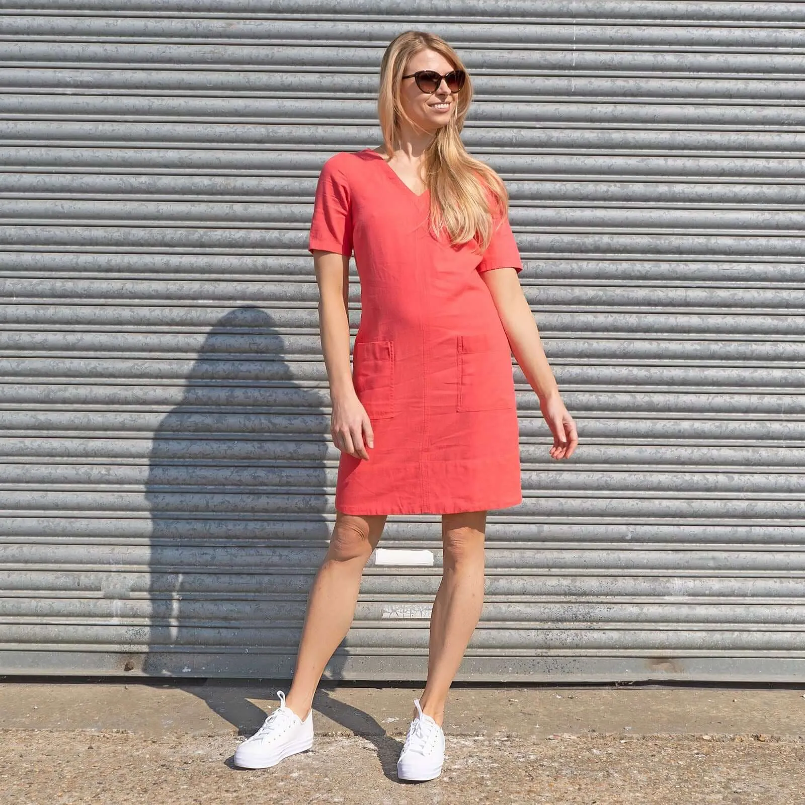 M&S Linen Blend Coral Red Short Sleeve Shift Dress