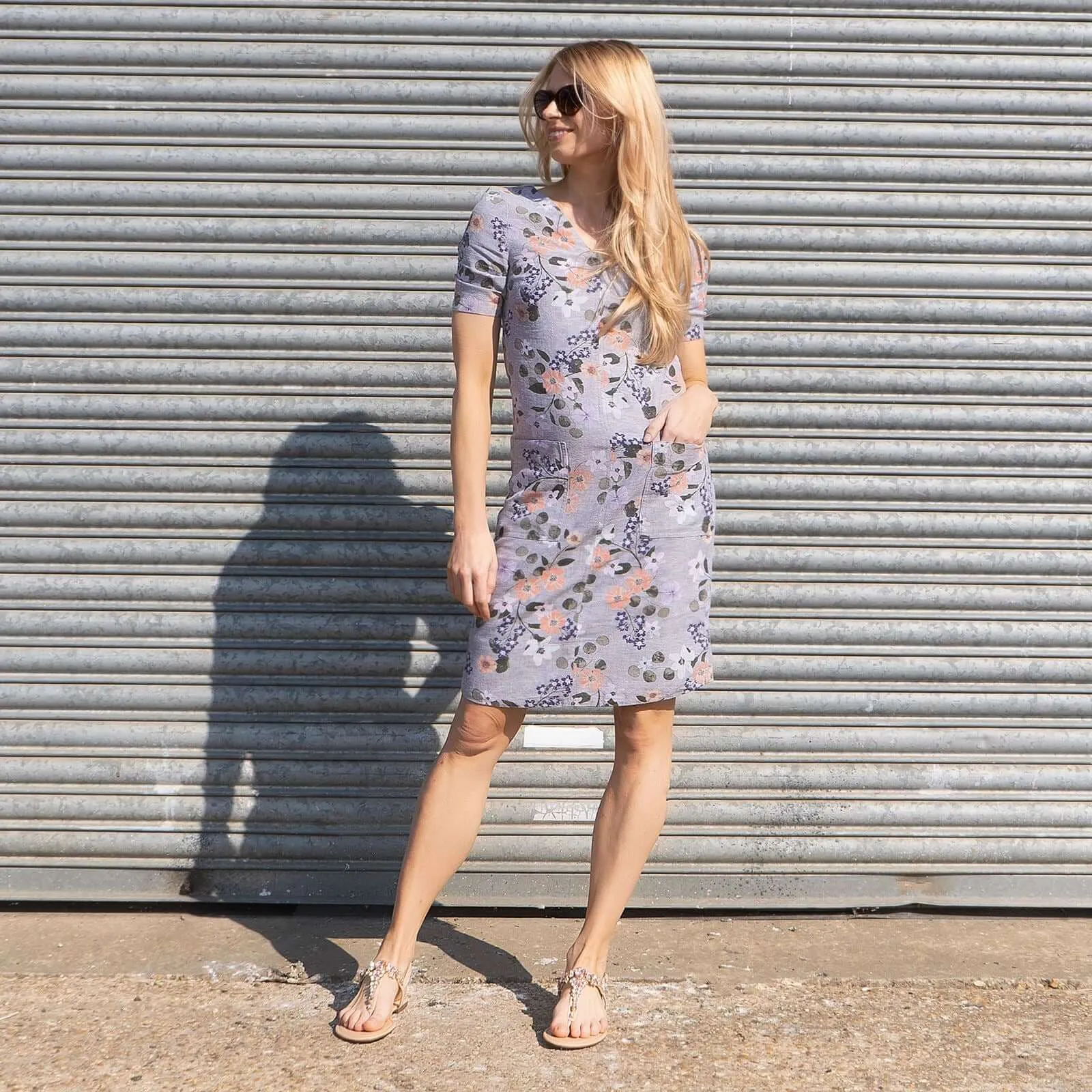 M&S Linen Blend Grey Floral Short Sleeve Casual Shift Dress