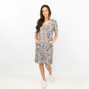 M&S Linen Blend Grey Floral Short Sleeve Casual Shift Dress