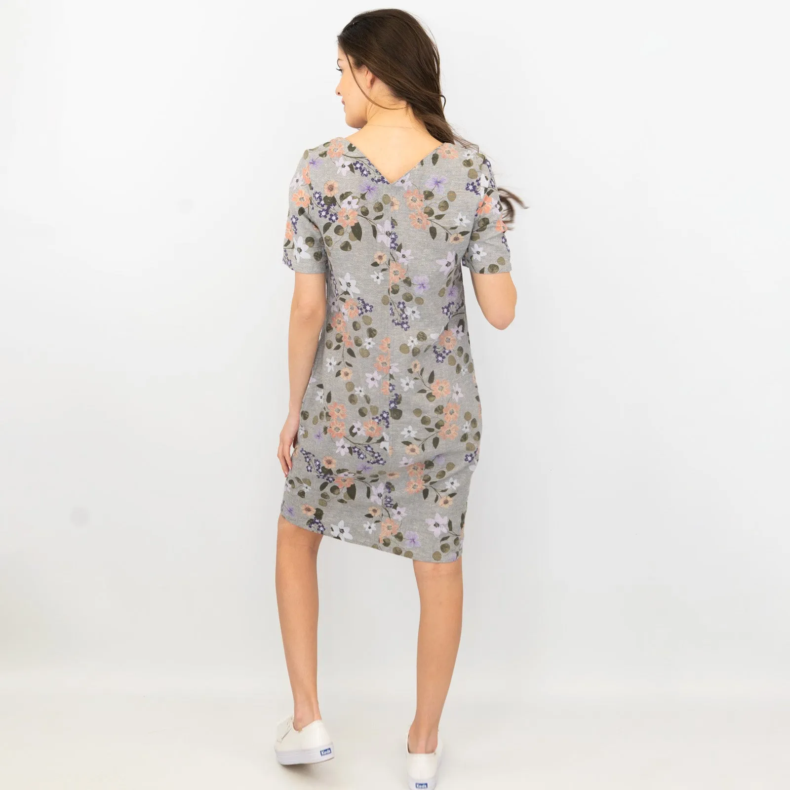 M&S Linen Blend Grey Floral Short Sleeve Casual Shift Dress