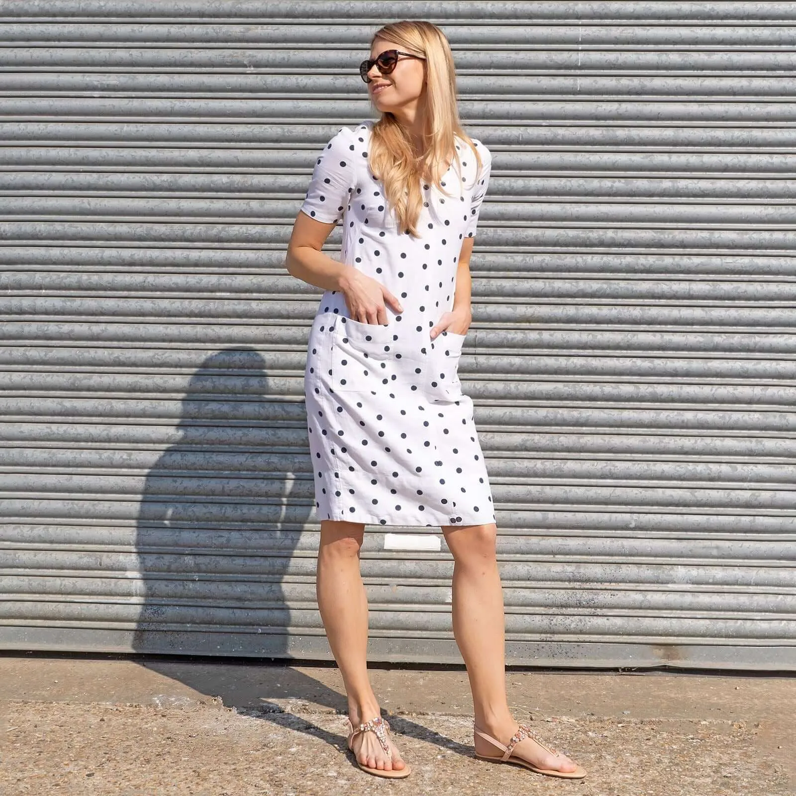 M&S Linen Blend Polka Dot Short Sleeve Casual Spotty Shift Dress