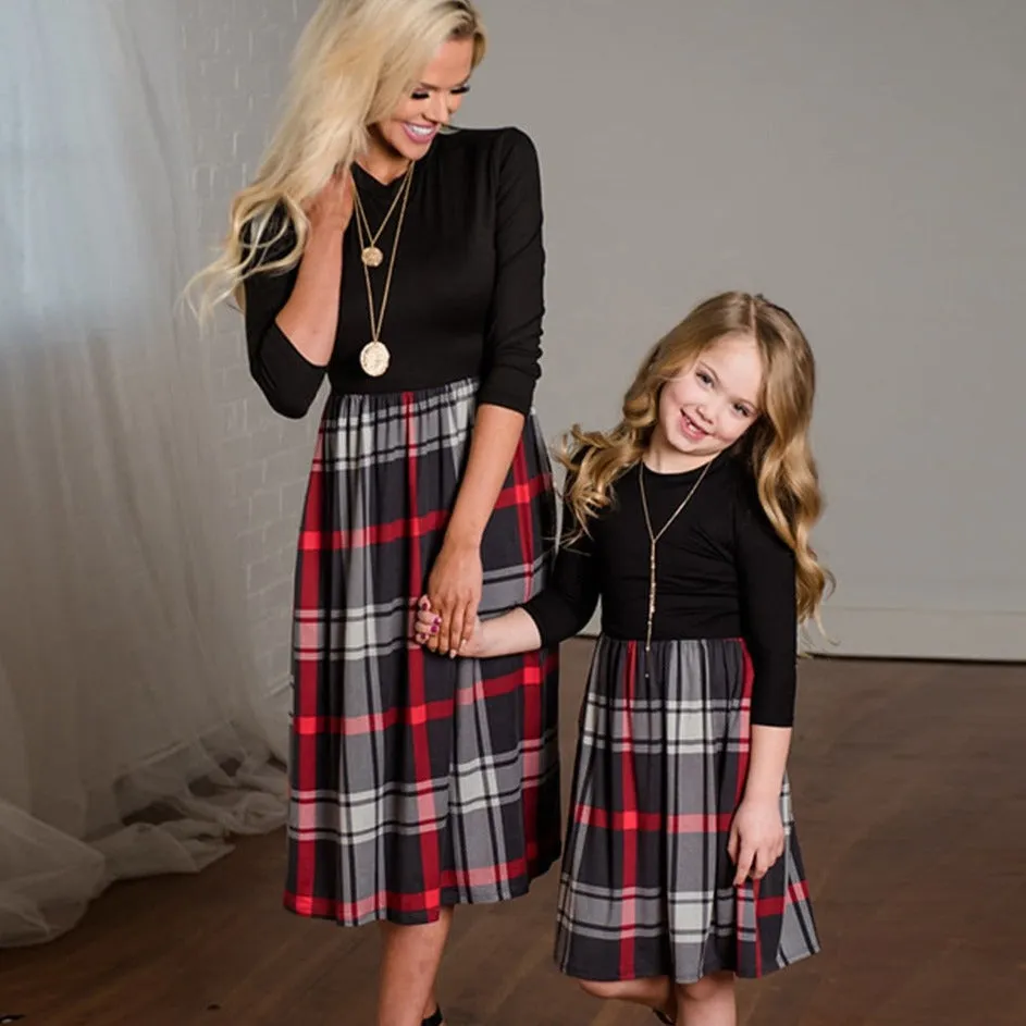 Matching Family Outfit - Mummy and Daughter Dress Plaid Skirt and Plain Blouse