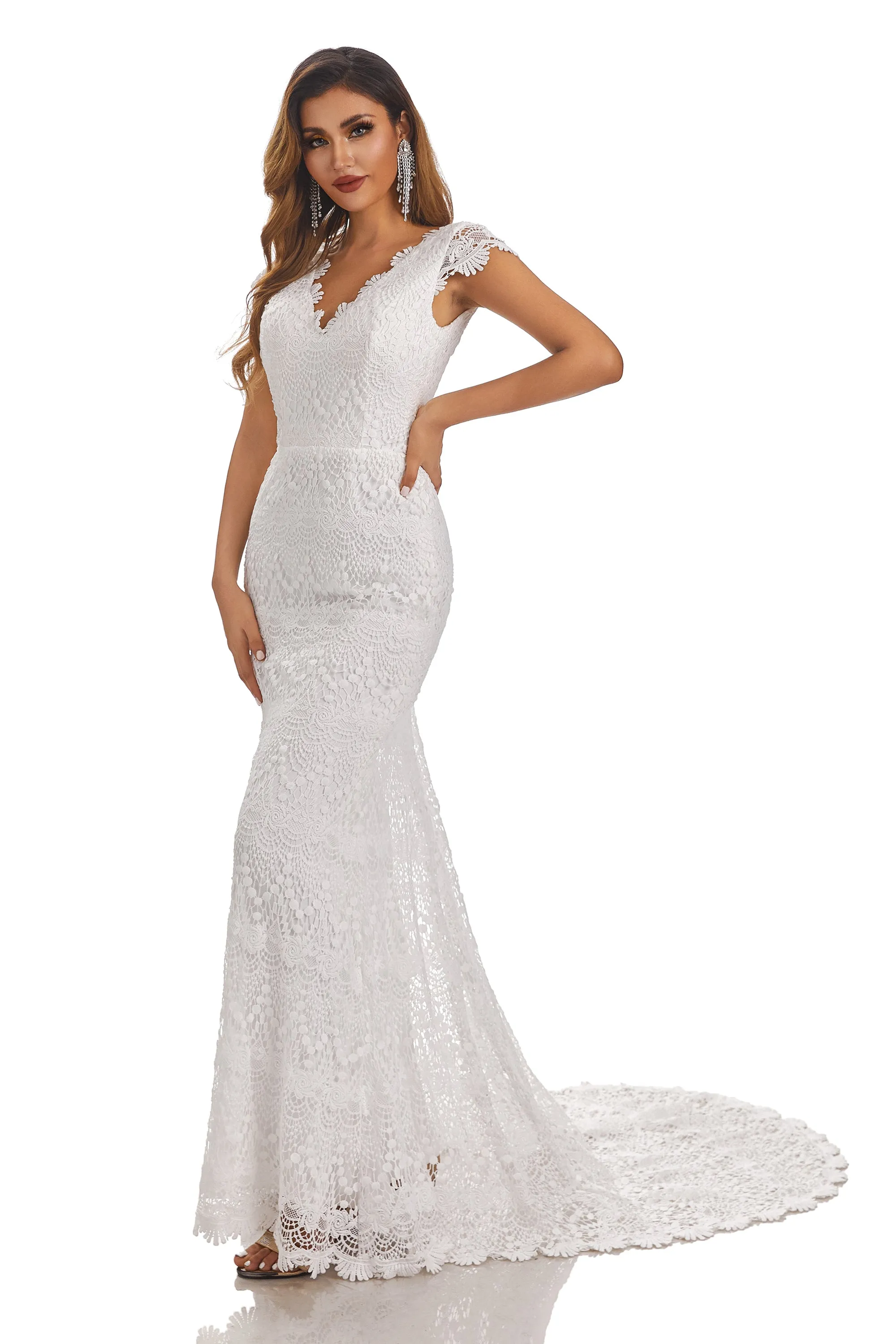 Mermaid Long V-Neck Cap Sleeves Wedding Dress With Lace Appliques