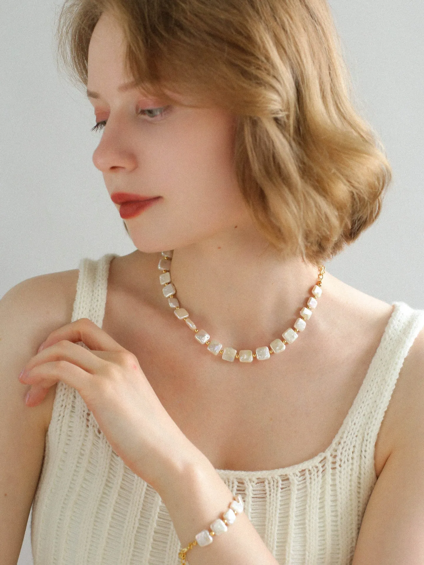 Mini Gold Bead and Square Baroque Pearl Necklace