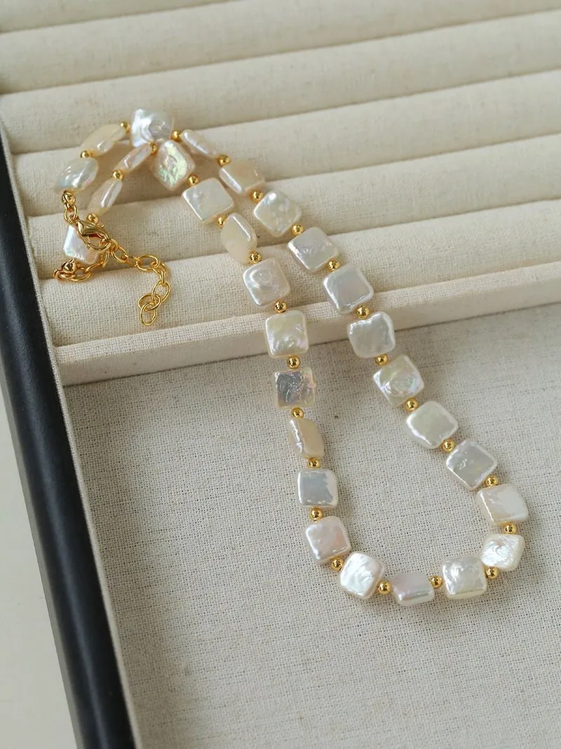 Mini Gold Bead and Square Baroque Pearl Necklace