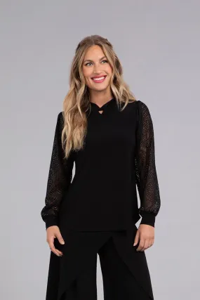 Mix Lace Twist Neck Top | Black